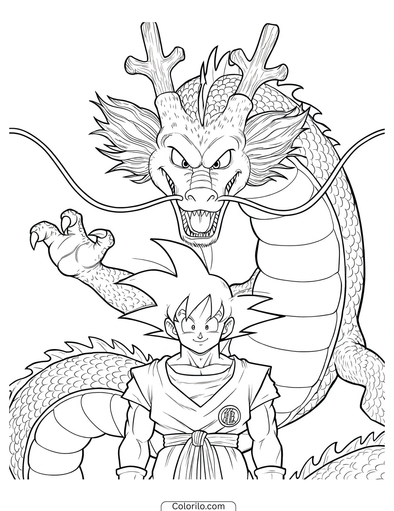 Goku standing before Shenron the dragon coloring page