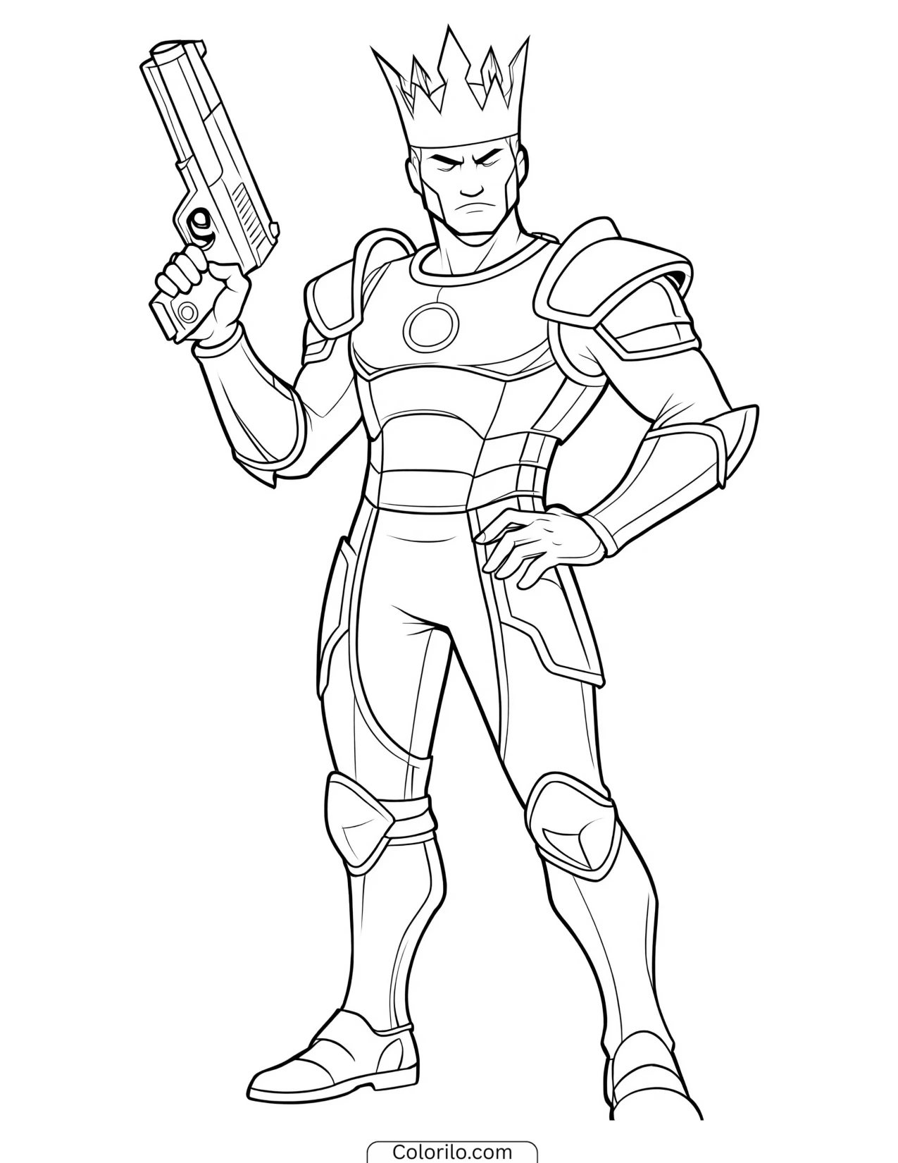 Golden-suited character holding a weapon coloring page