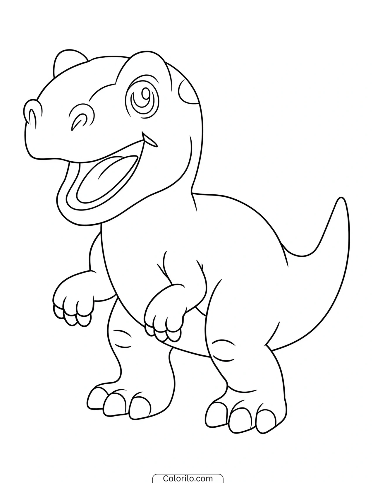 Grinning baby T. rex standing upright coloring page