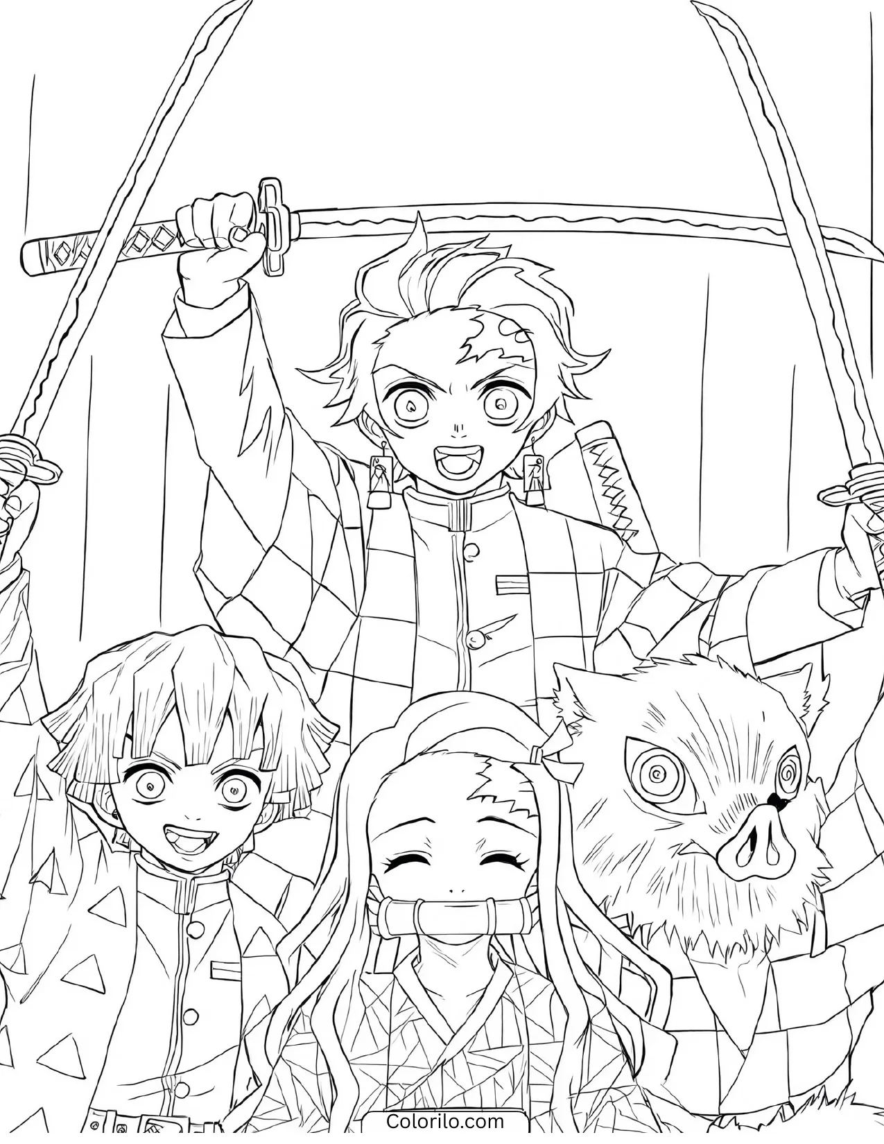The demon slayer group raising their swords in celebration coloring page