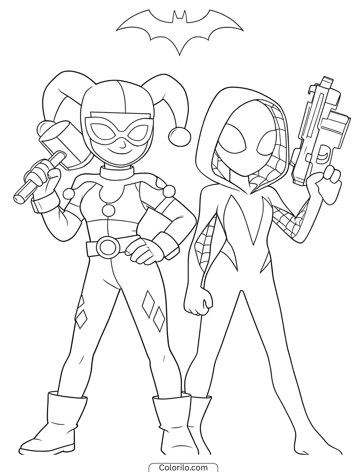 Harley Quinn and Spider-Gwen standing together armed coloring page