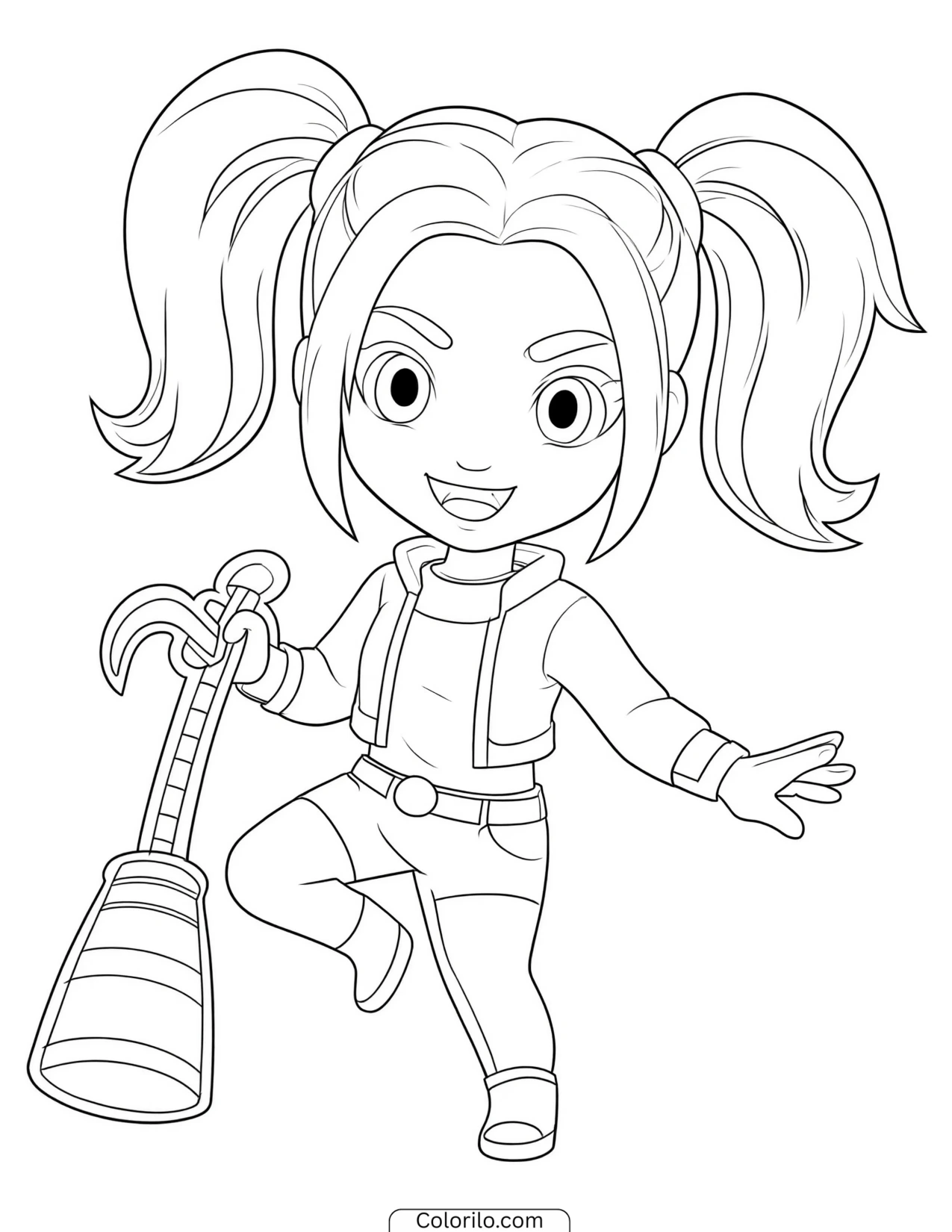 Harley Quinn holding her oversized mallet coloring page