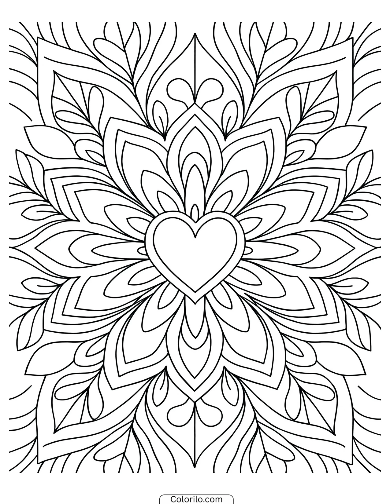 Blooming mandala with hearts at its centre coloring page