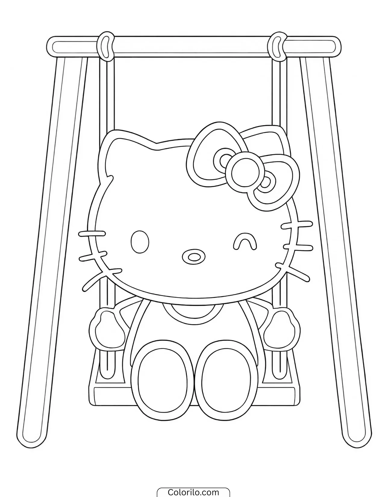 Hello Kitty sitting on a wooden swing coloring page