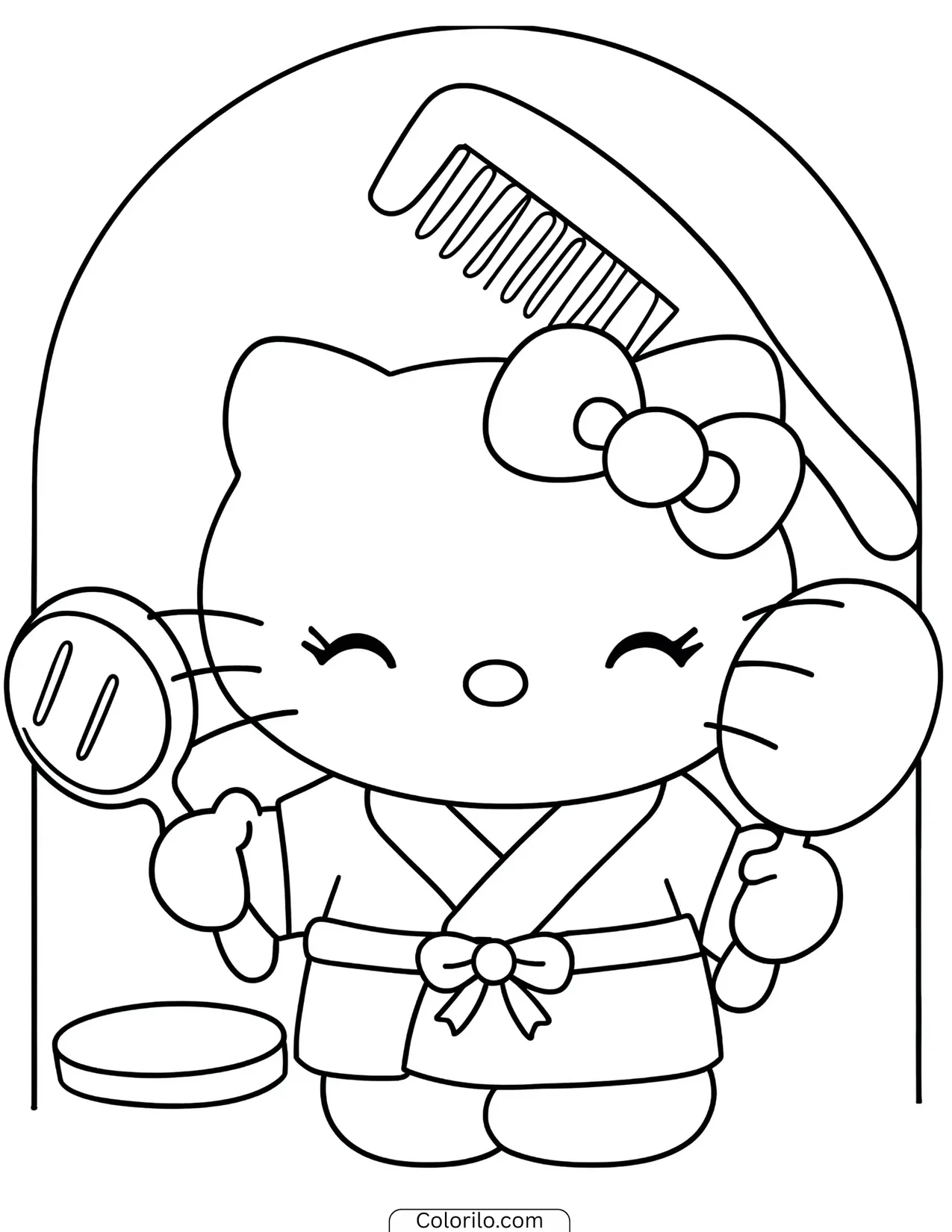 Hello Kitty standing under a polka-dot umbrella coloring page