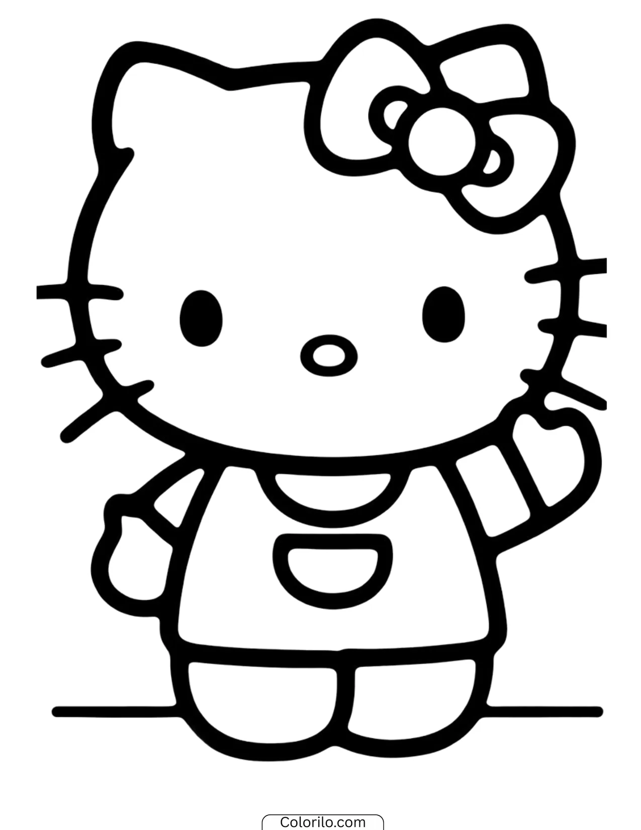 Hello Kitty waving hello in denim overalls coloring page
