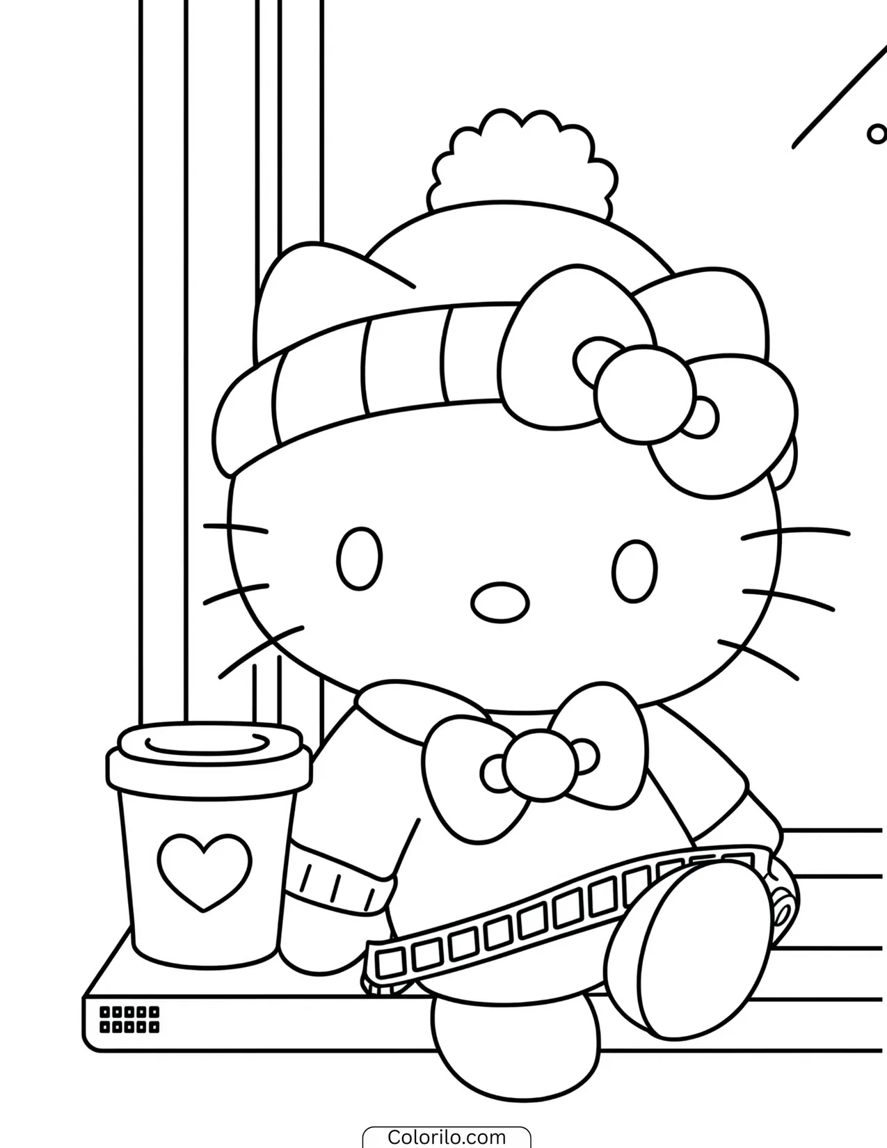 Hello Kitty writing at a school desk coloring page