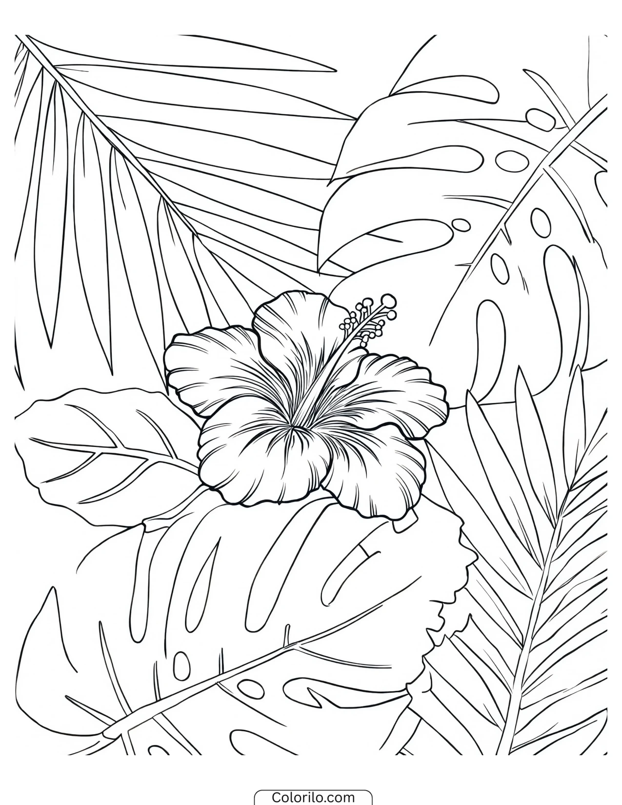 Hibiscus flower set amid tropical foliage coloring page