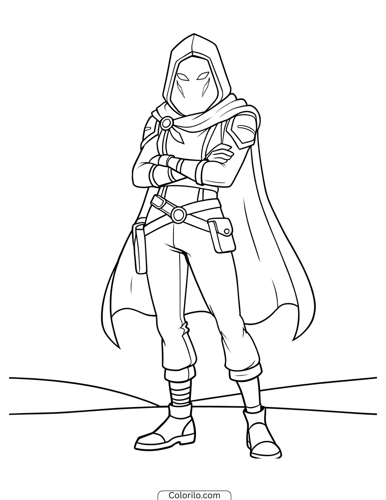 Hooded character standing with arms crossed coloring page