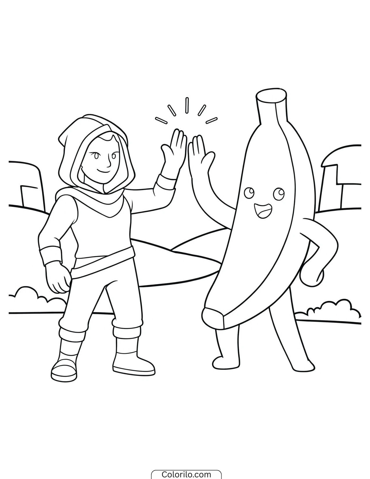 Hooded character high-fiving a banana character coloring page