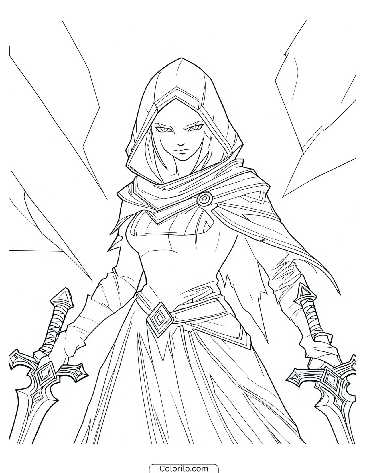 Hooded warrior wielding dual swords coloring page