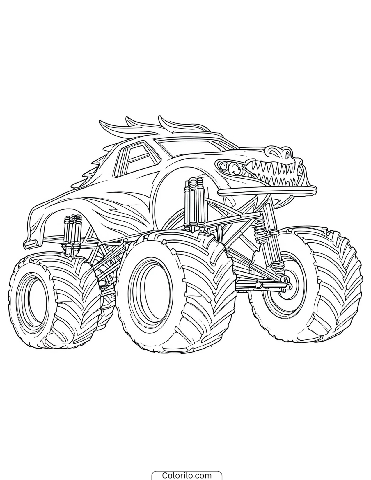 Monster truck with a horned dragon design coloring page