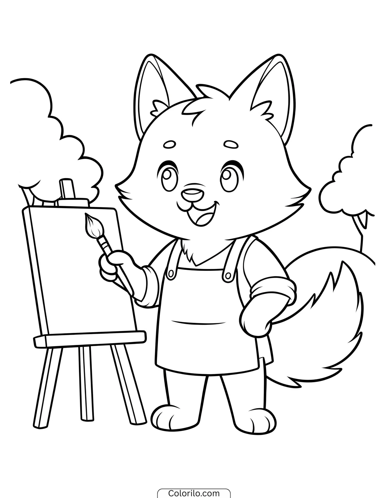 Husky pup painting at an easel coloring page