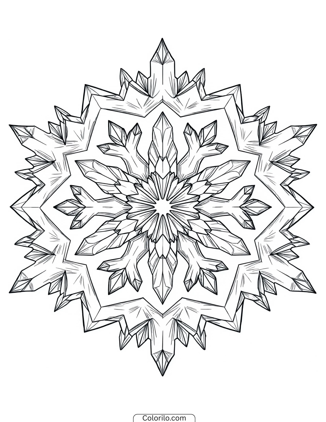 Snowflake mandala formed from ice crystal shapes coloring page