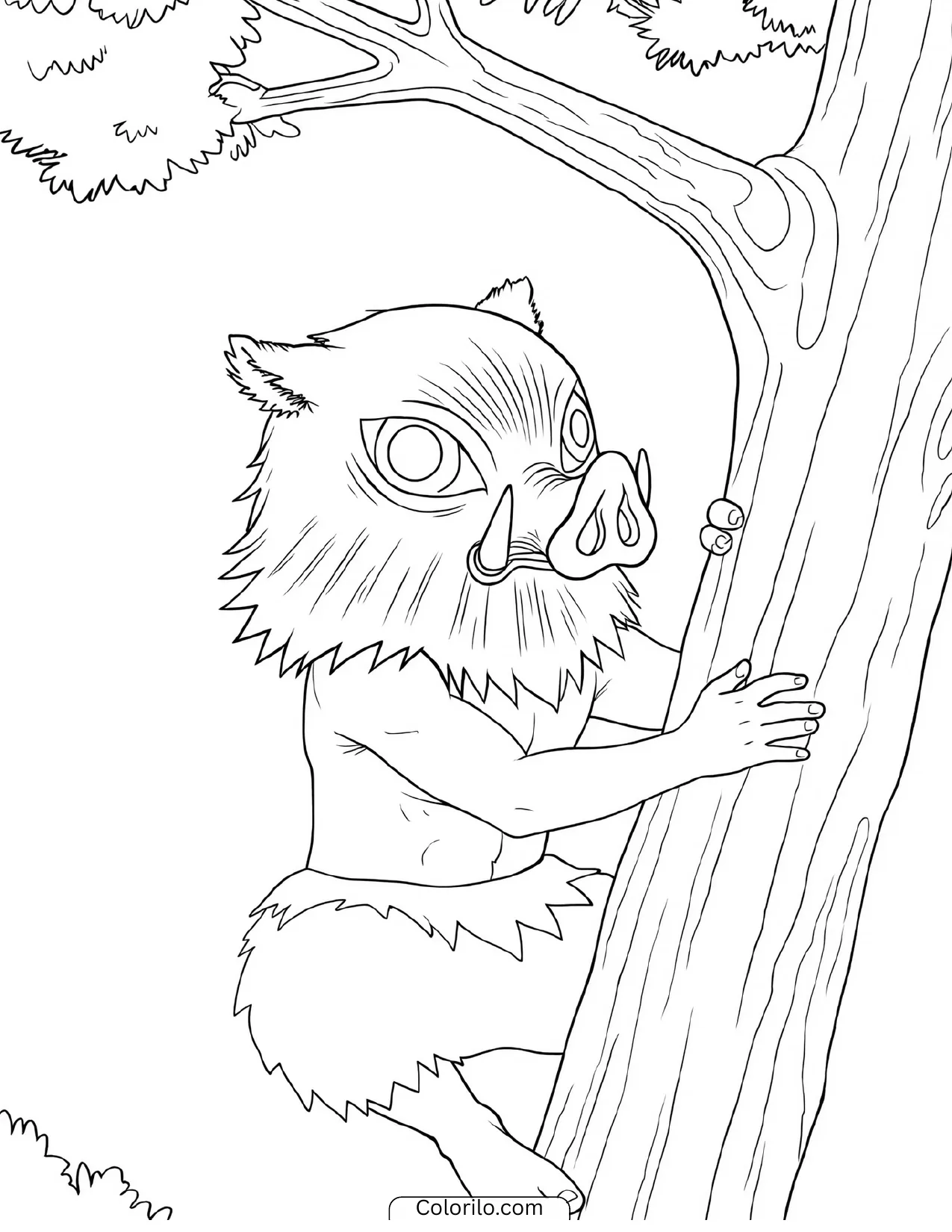 Inosuke Hashibira climbing up a tree trunk coloring page