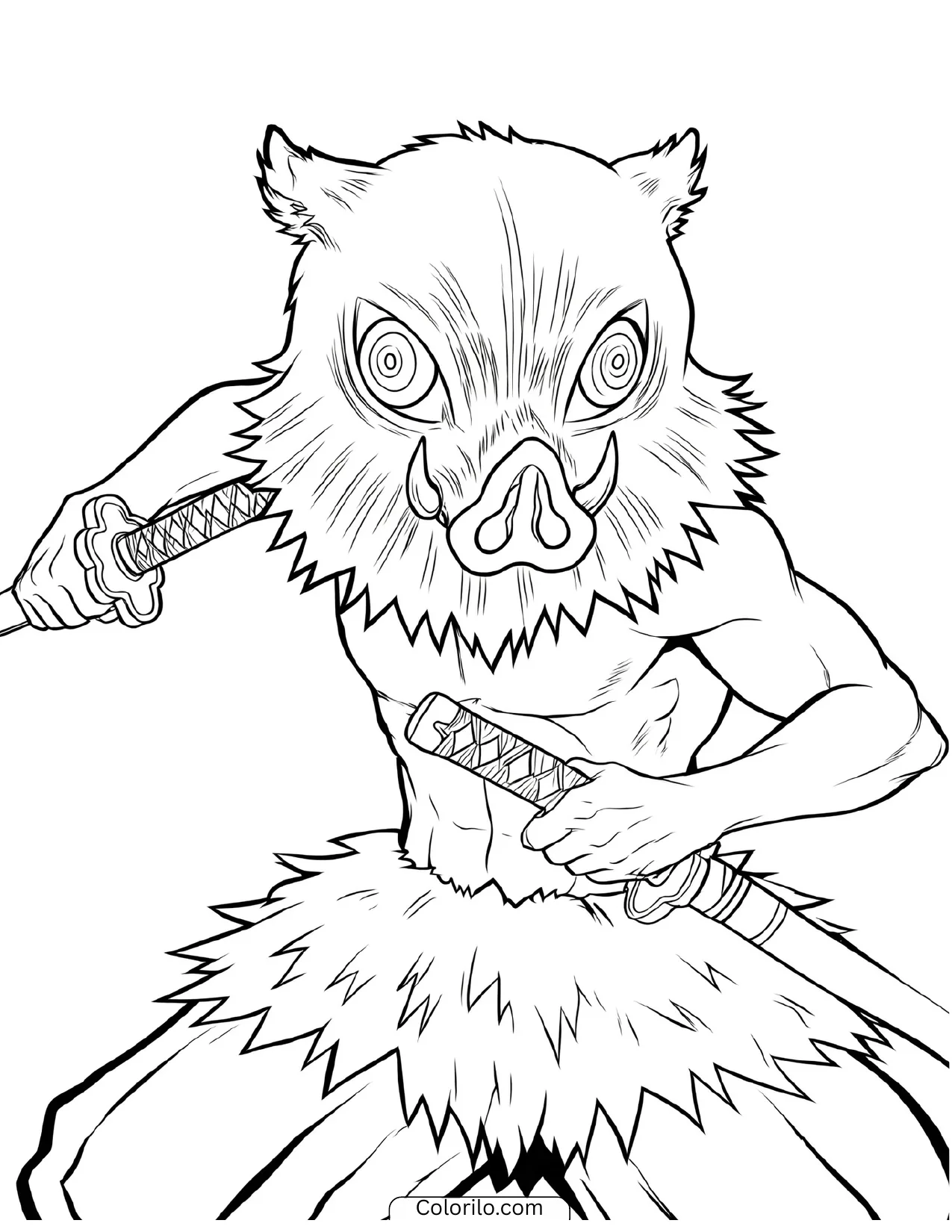 Inosuke Hashibira with his dual swords crossed coloring page