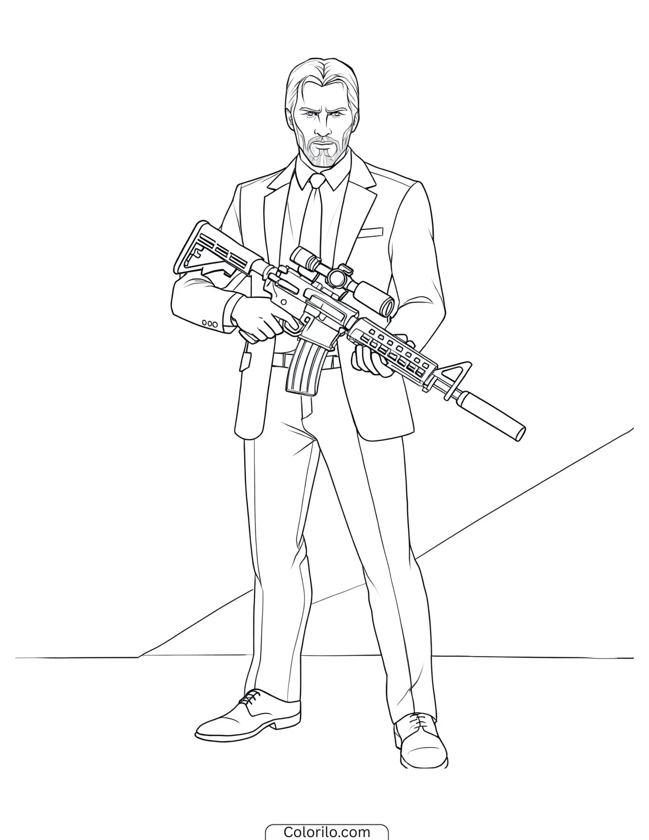 John Wick standing with a rifle coloring page