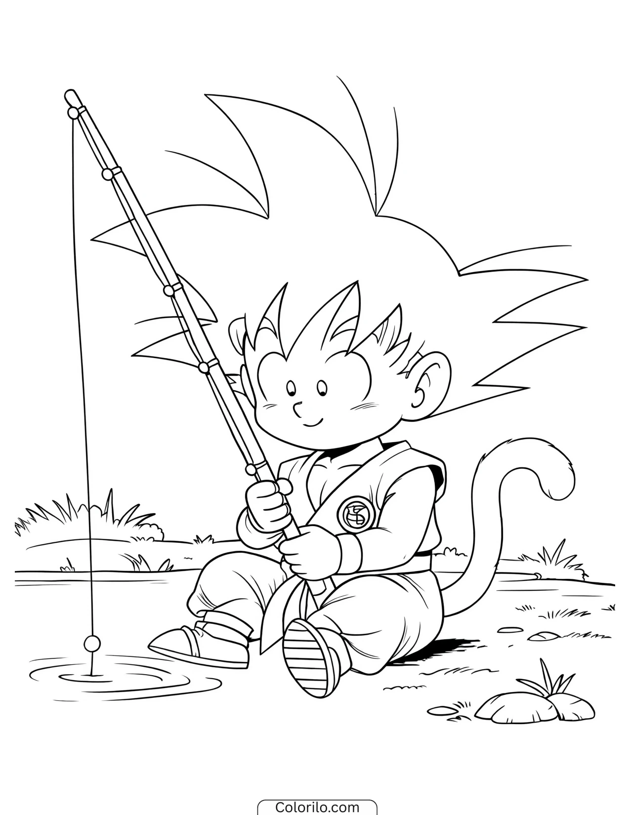 Kid Goku fishing at the water's edge coloring page