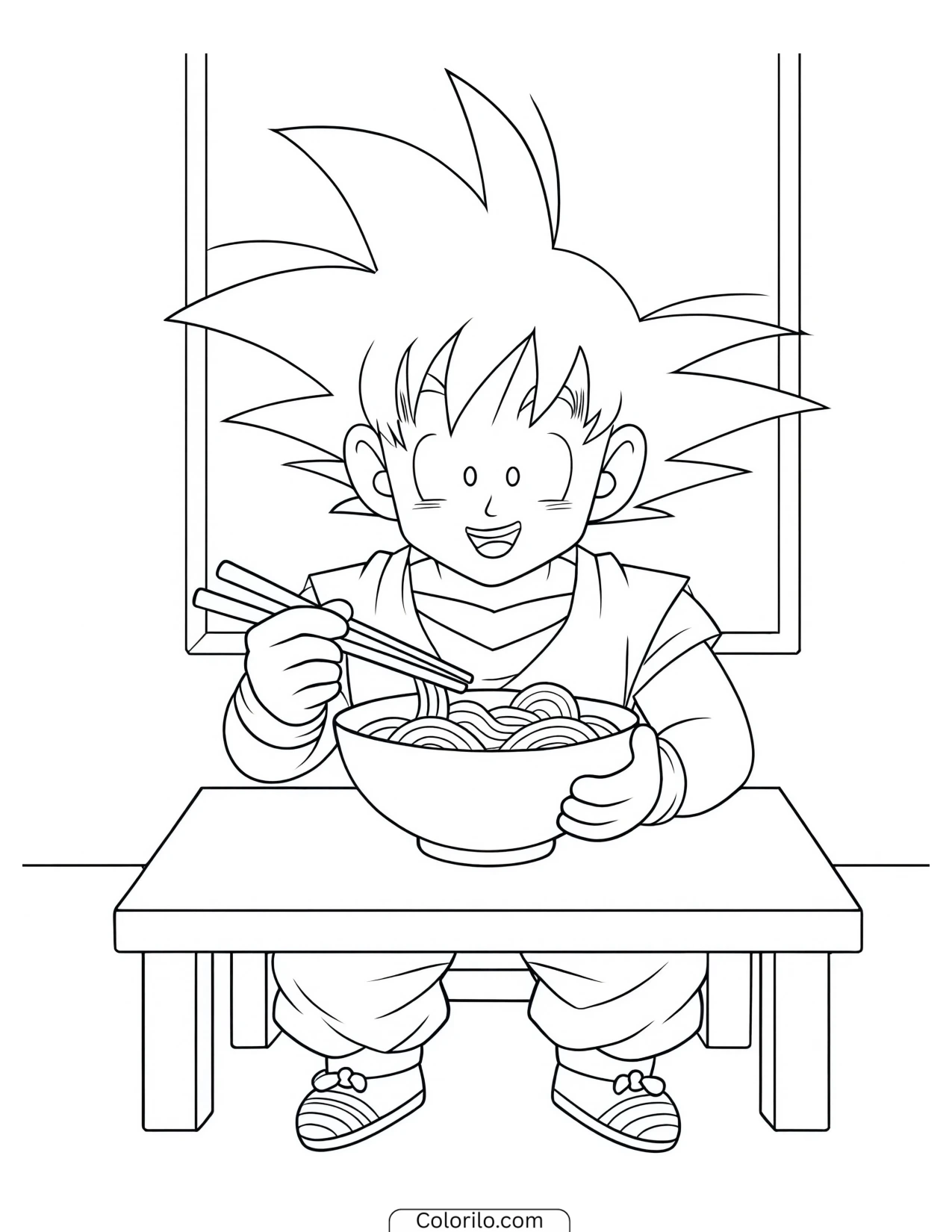 Kid Goku slurping a bowl of noodles coloring page