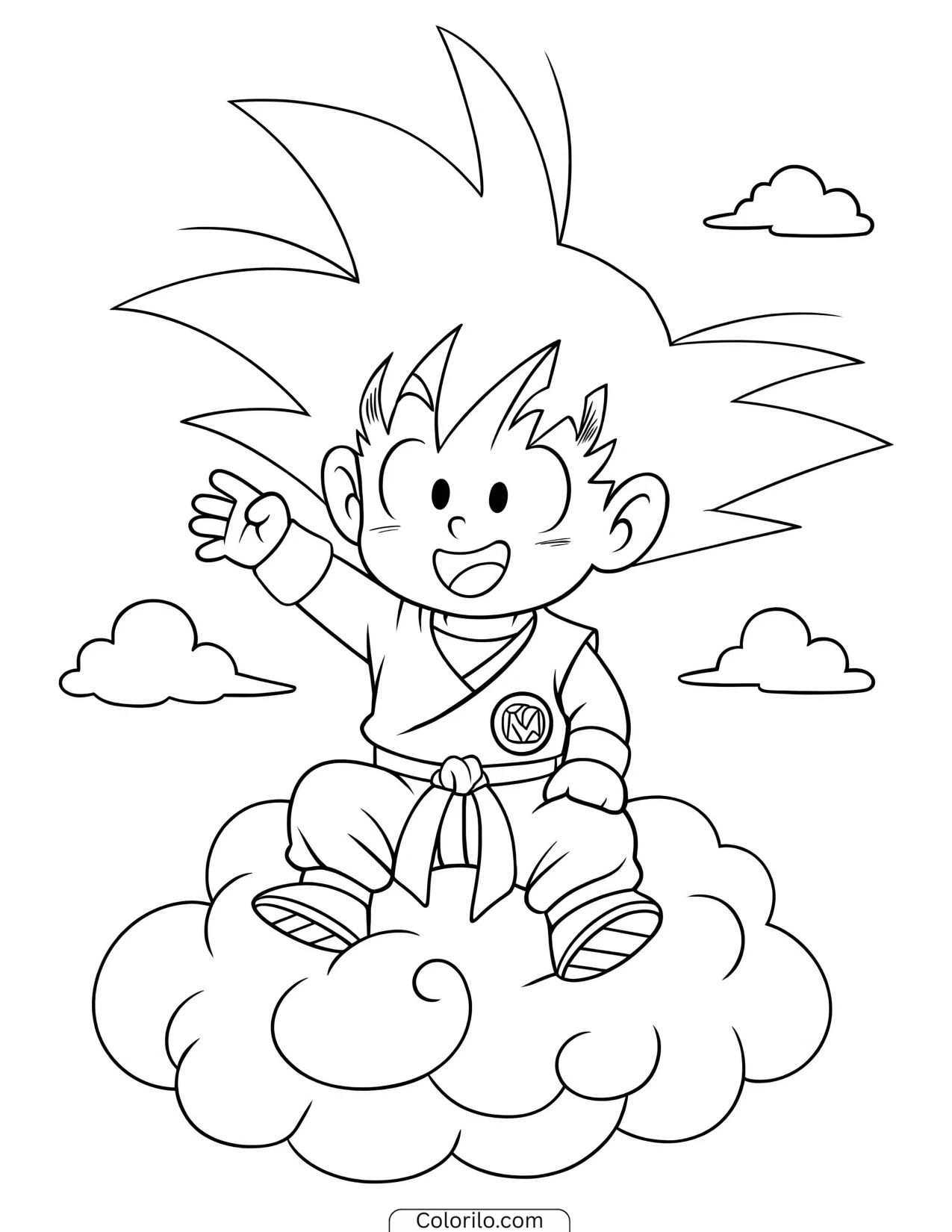Kid Goku waving from the Flying Nimbus coloring page