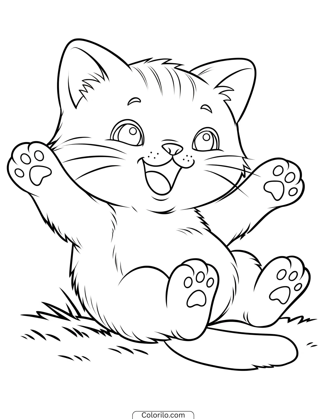 Kitten celebrating with paws up in the grass coloring page