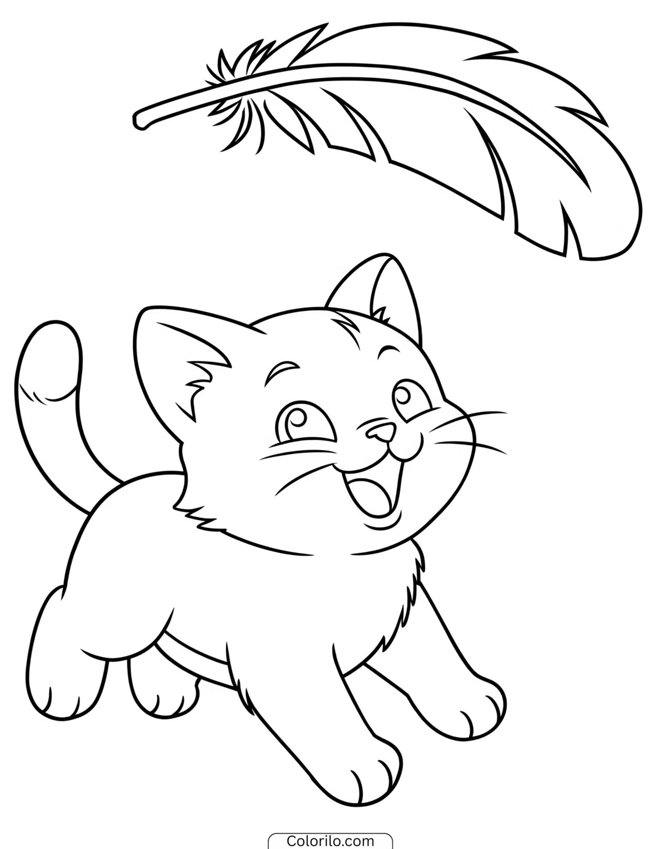 Kitten chasing after a drifting feather coloring page
