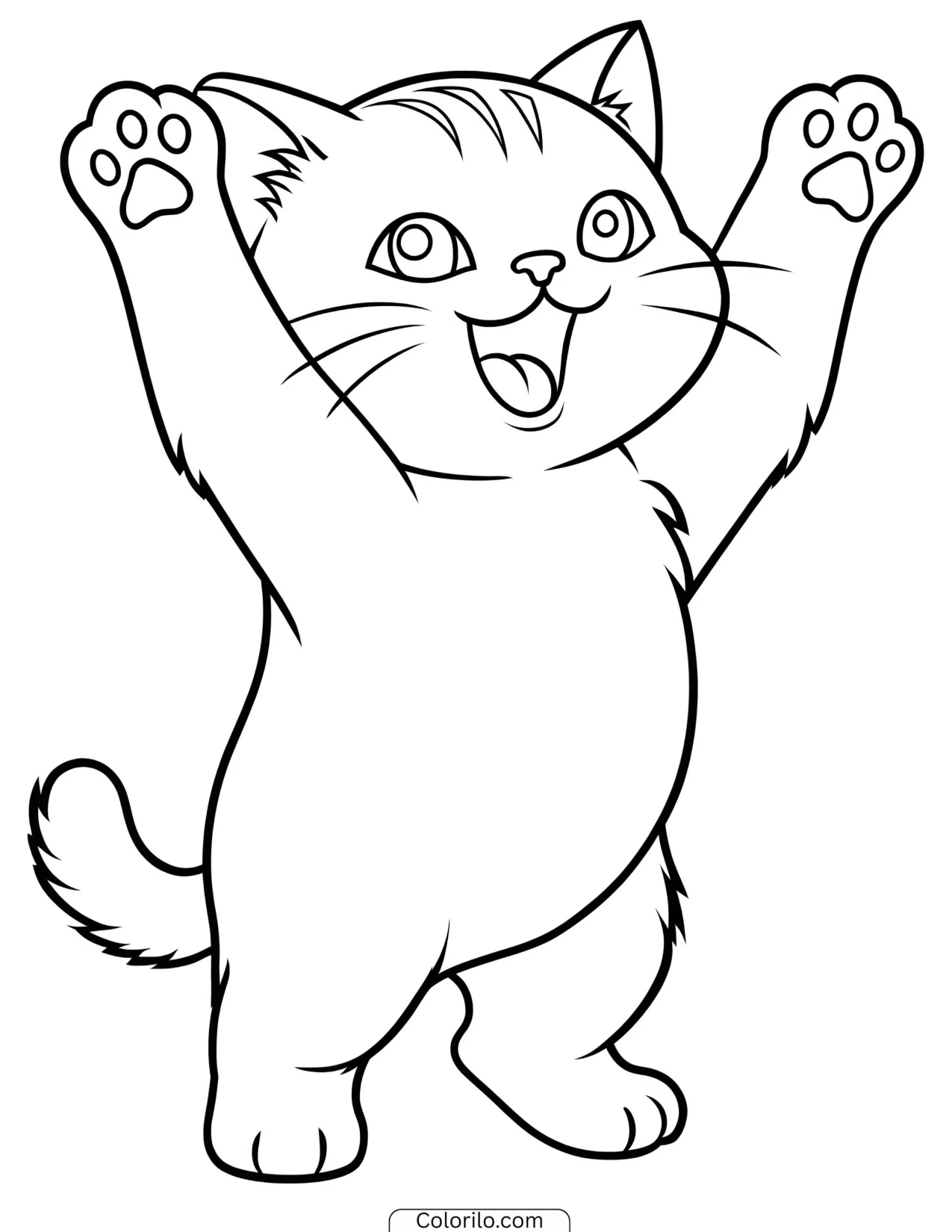 Kitten cheering with both front paws in the air coloring page