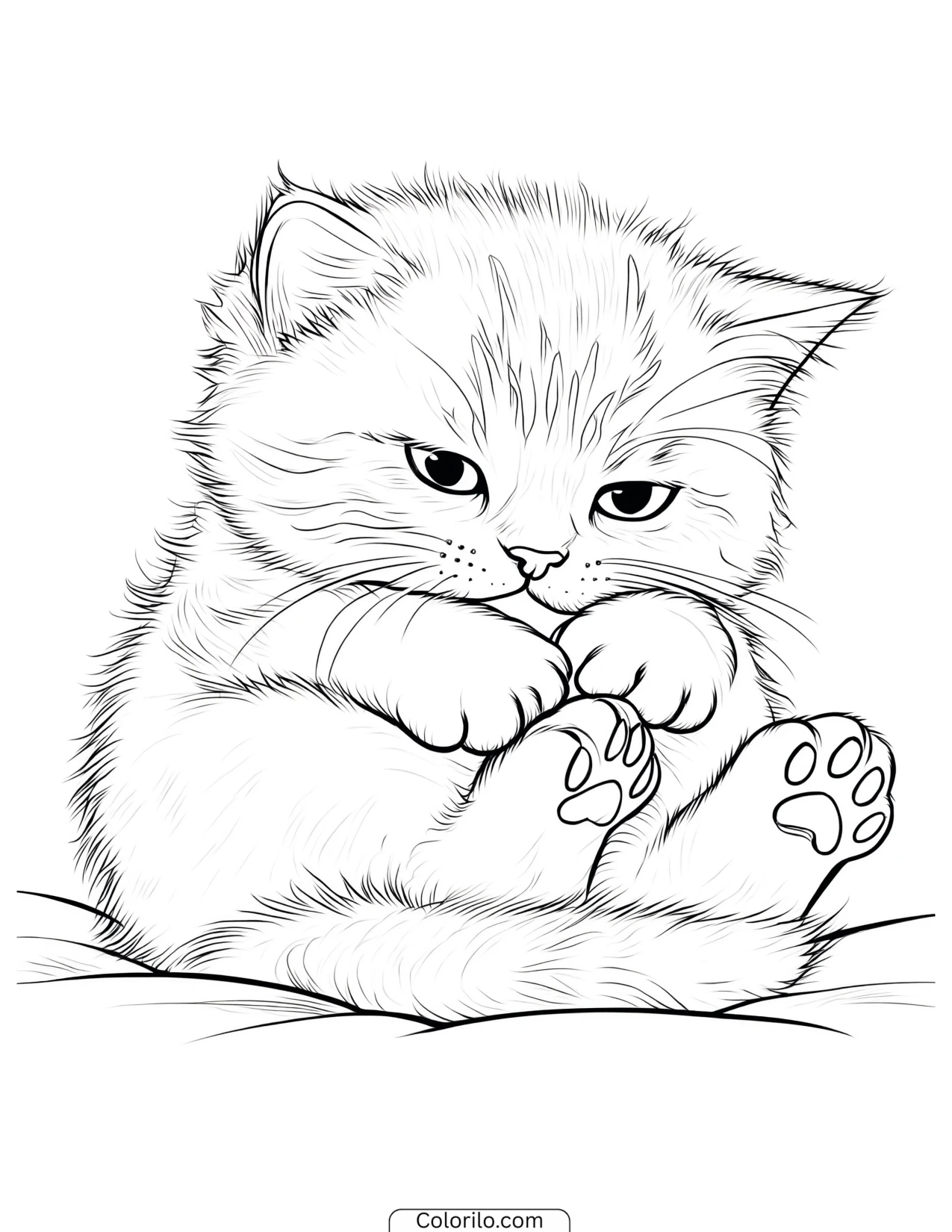 Kitten curled up and looking downward coloring page