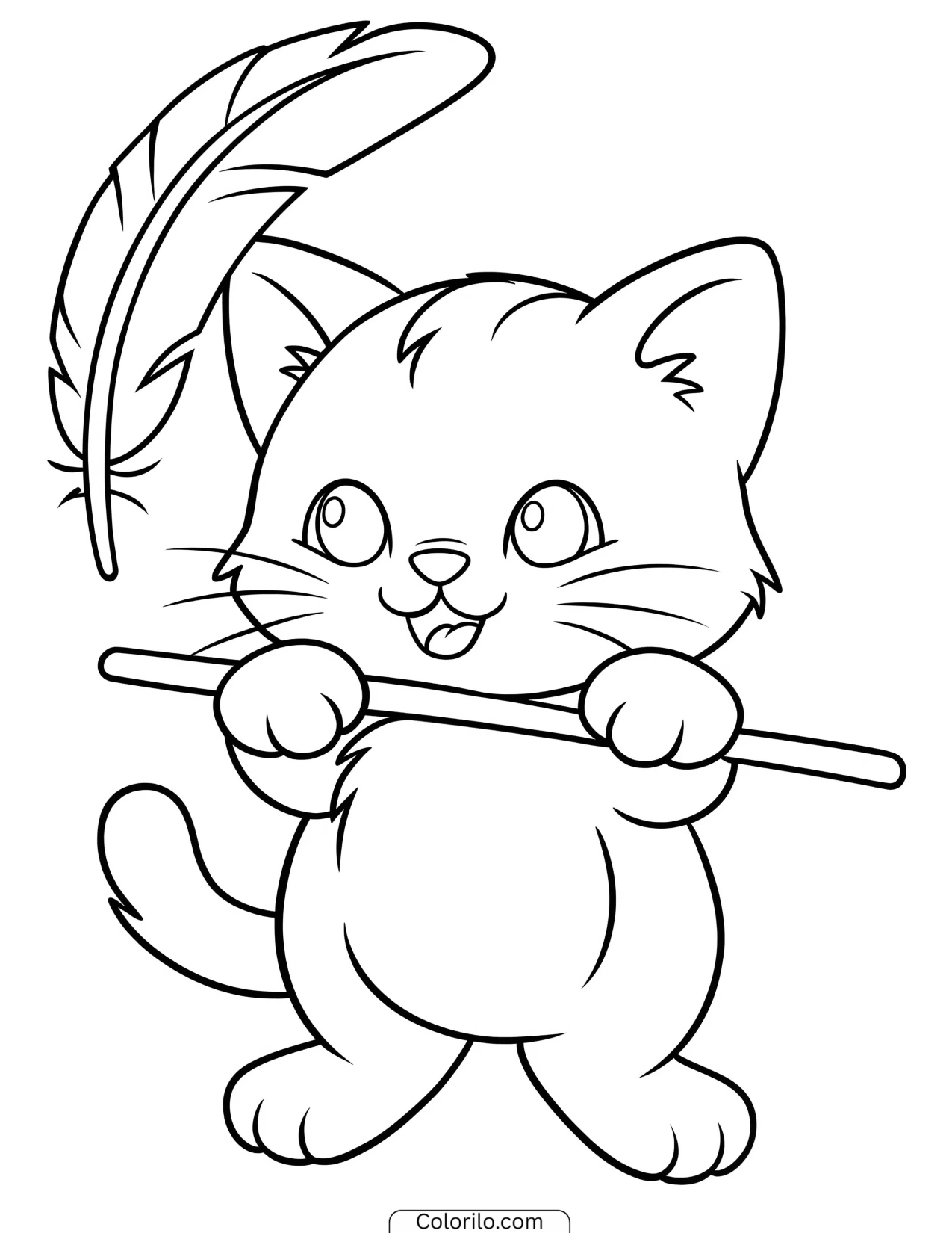 Kitten holding onto a feather wand toy coloring page