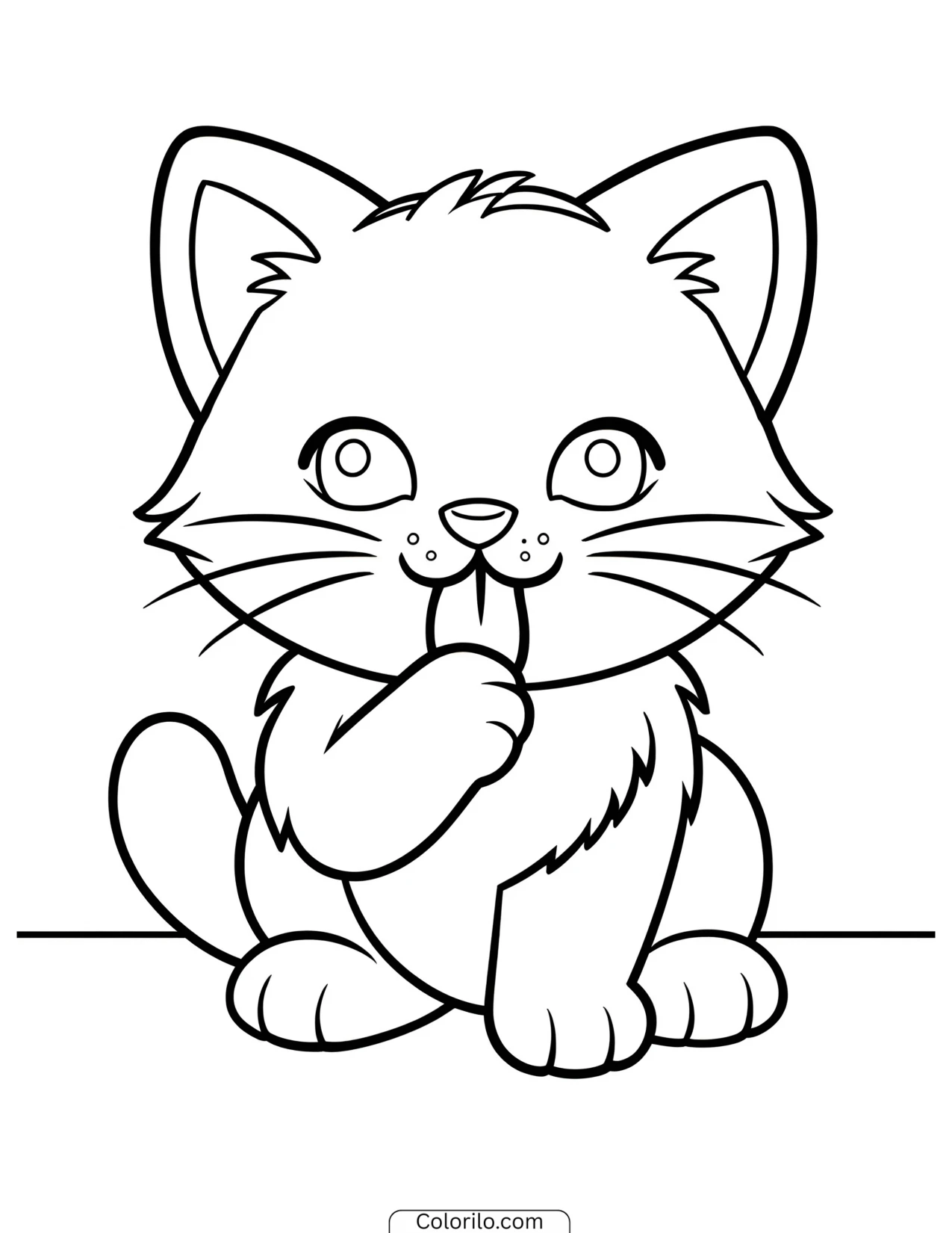 Kitten licking its paw clean coloring page