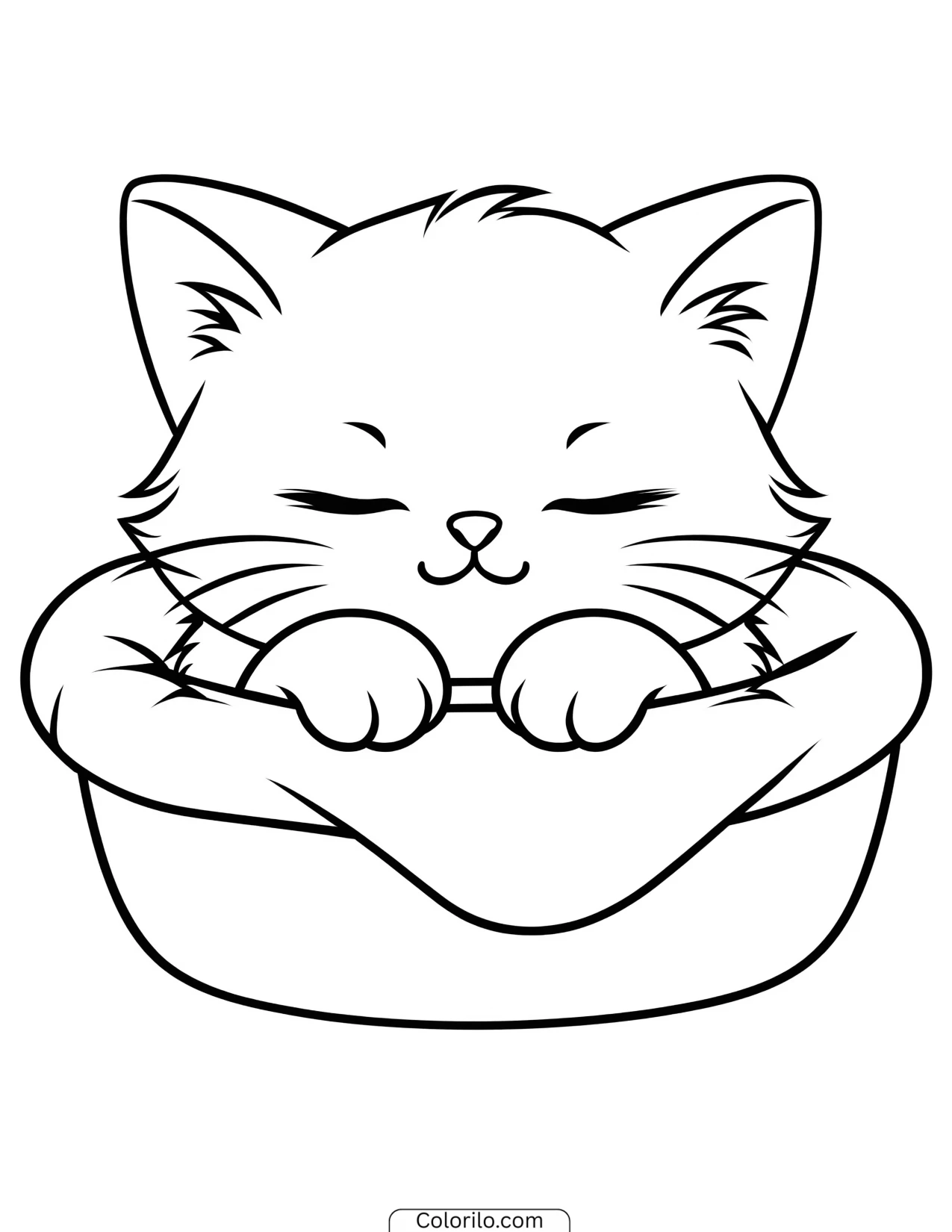 Kitten napping in a soft pet bed coloring page