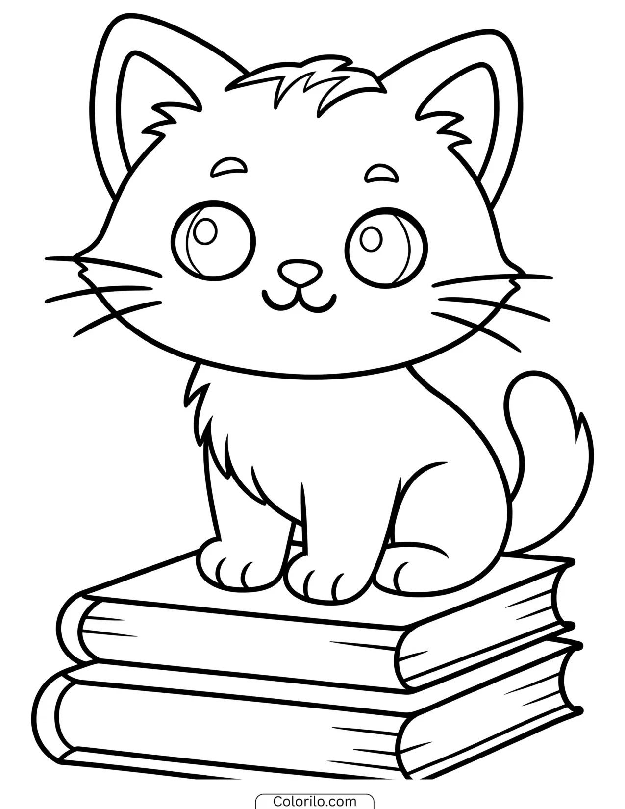 Kitten perched on a tall stack of books coloring page