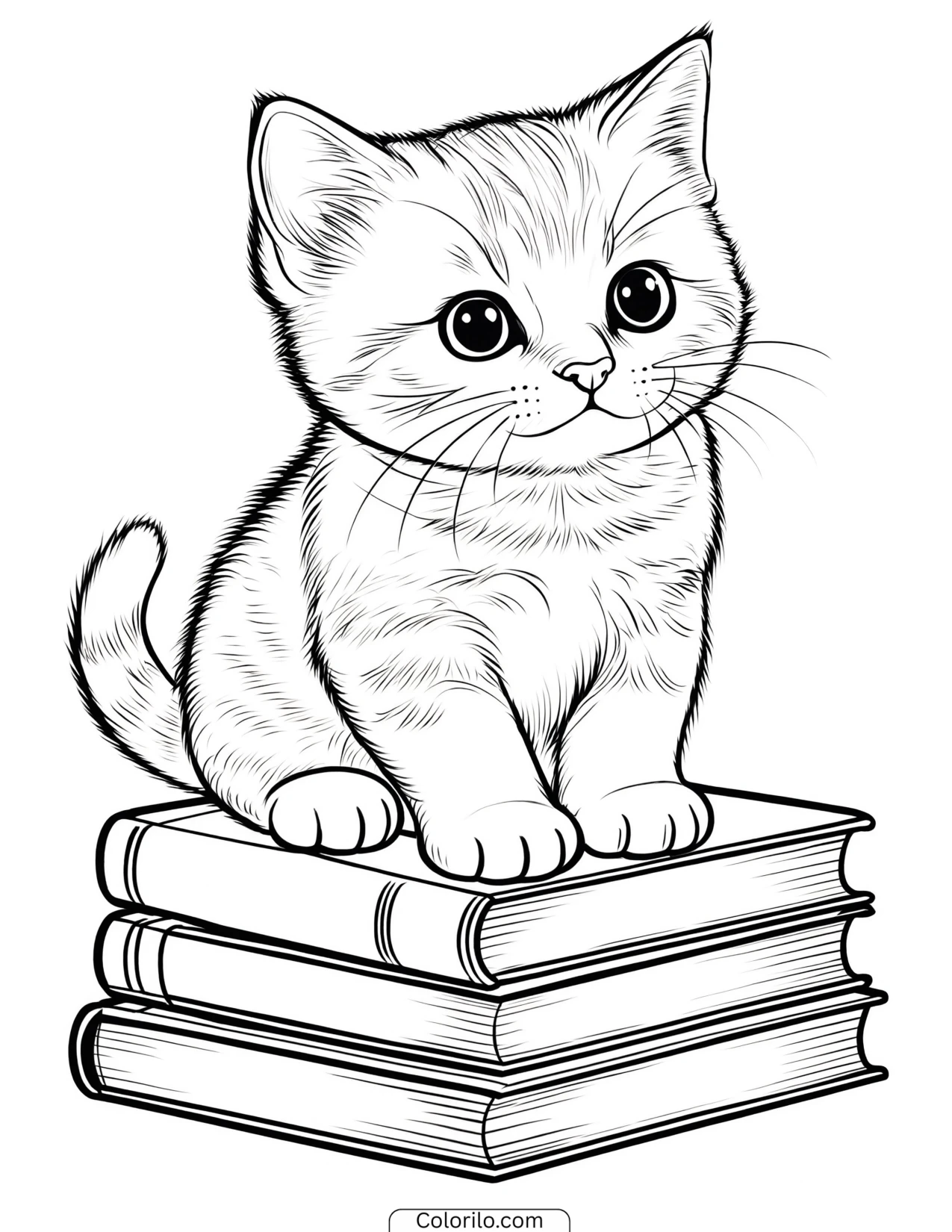 Kitten resting on three stacked books coloring page