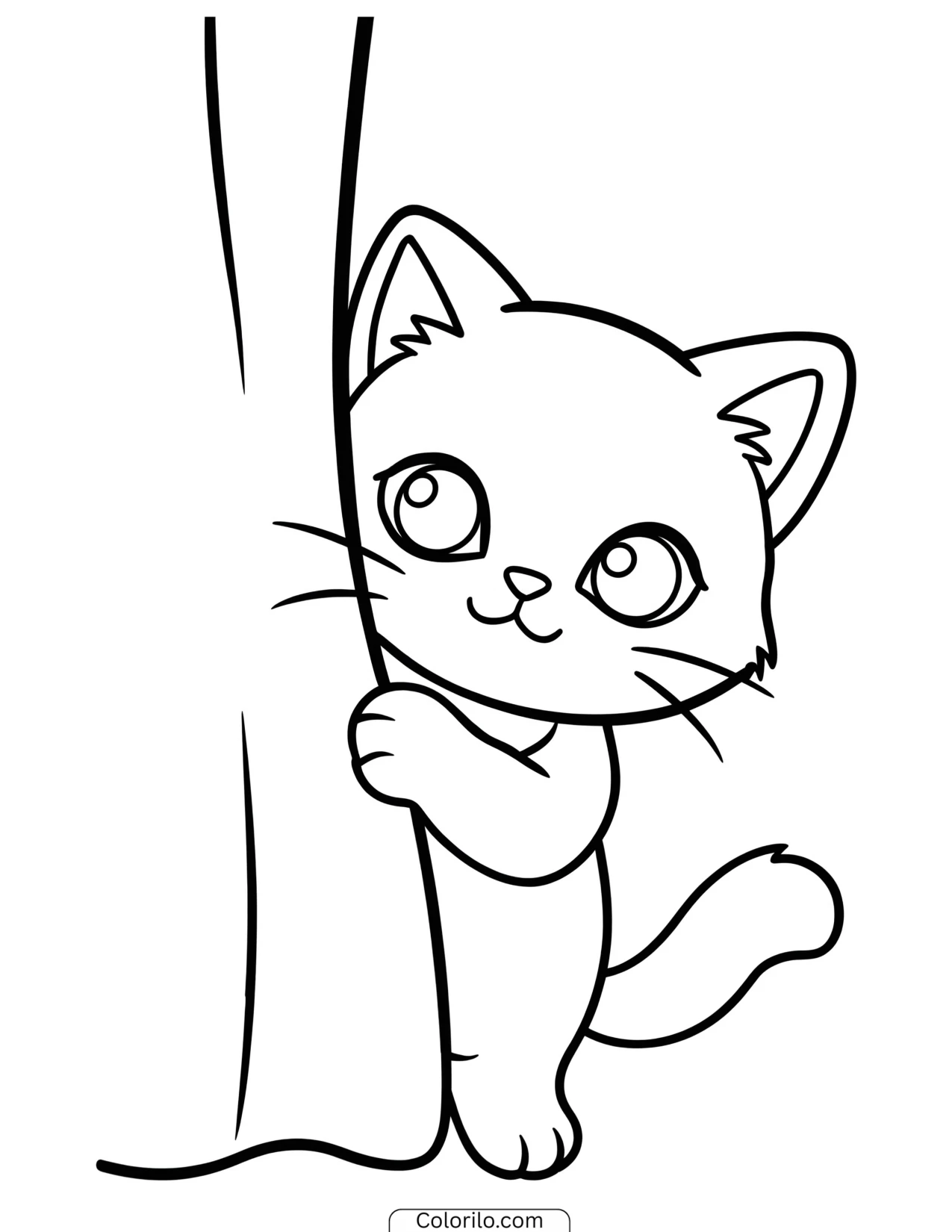 Kitten peeking out from behind a wall coloring page