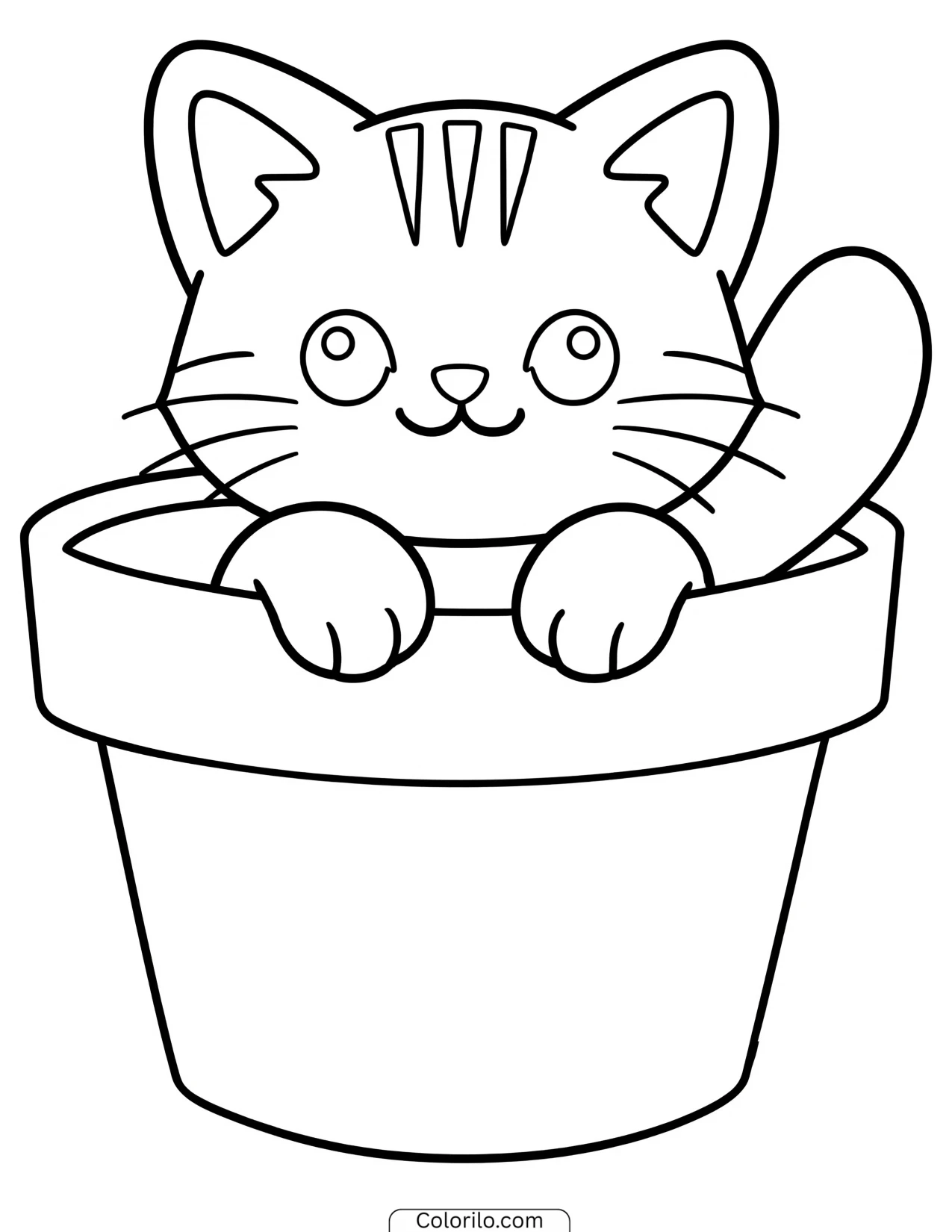 Kitten peeking out of a plant pot coloring page