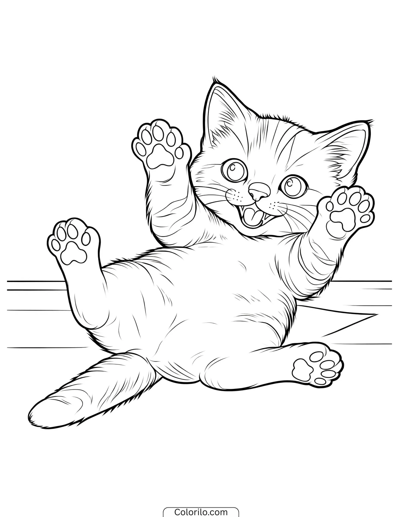 Playful kitten lying belly up coloring page