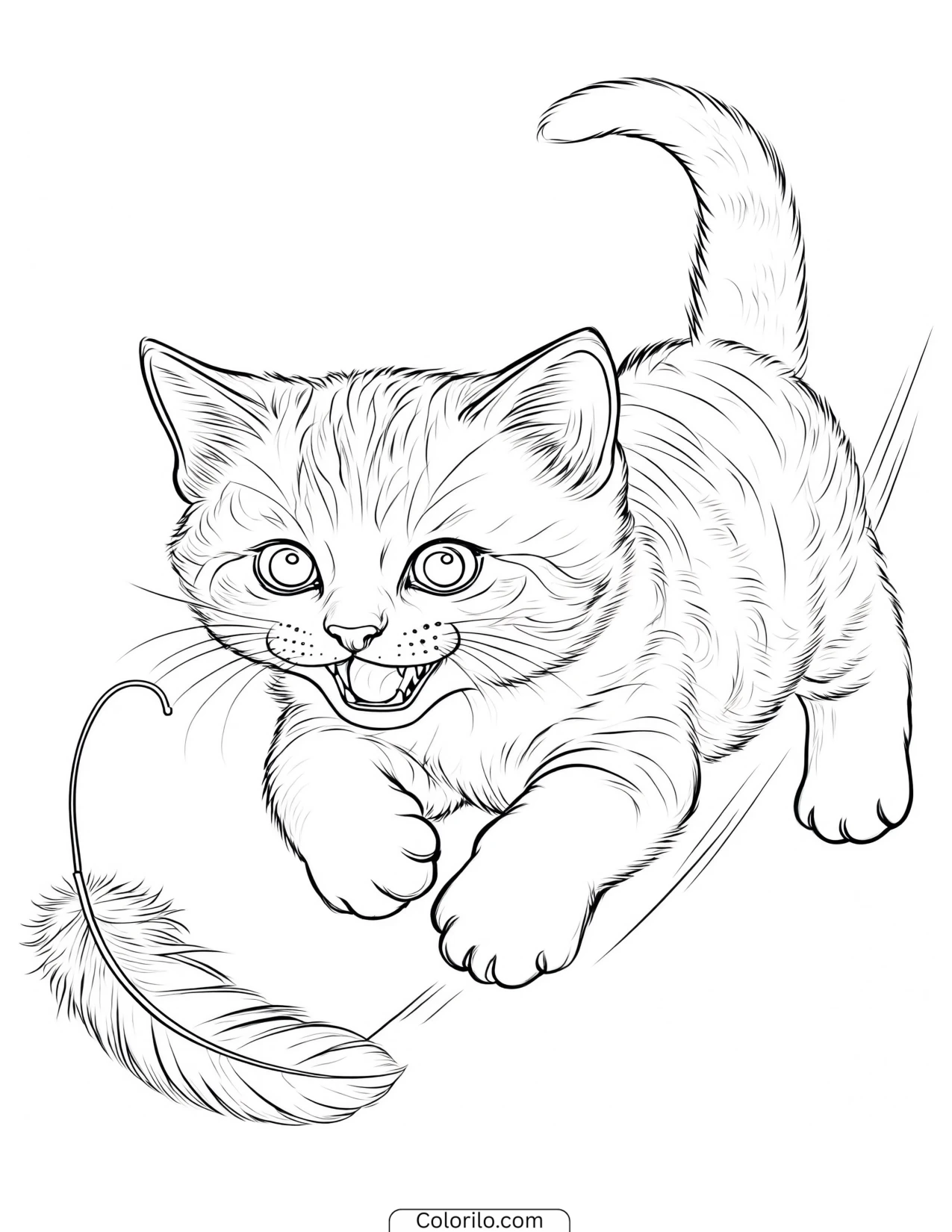 Kitten pouncing on a feather toy coloring page