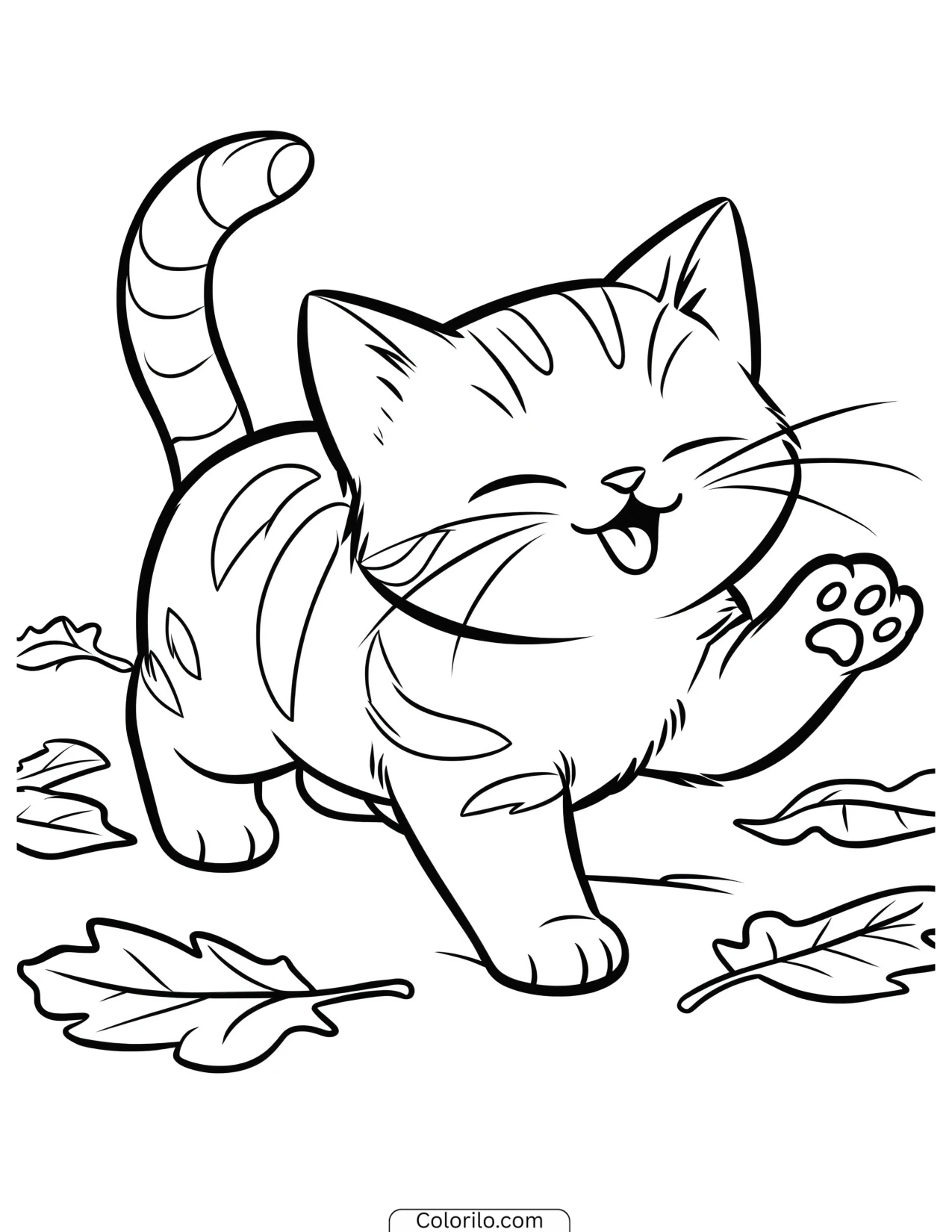 Kitten prancing through fallen autumn leaves coloring page
