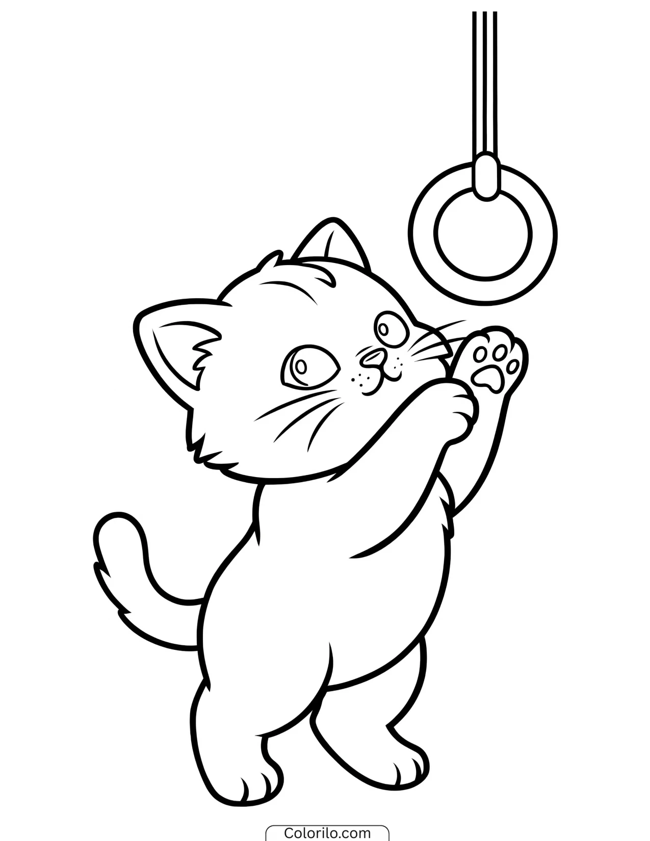 Kitten reaching for a hanging toy coloring page