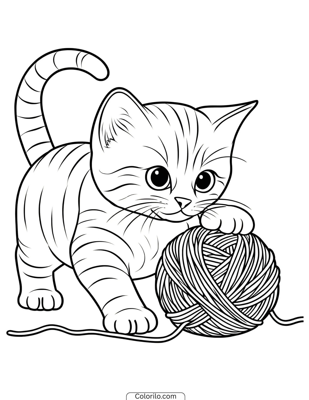 Kitten resting with its paws on a yarn ball coloring page