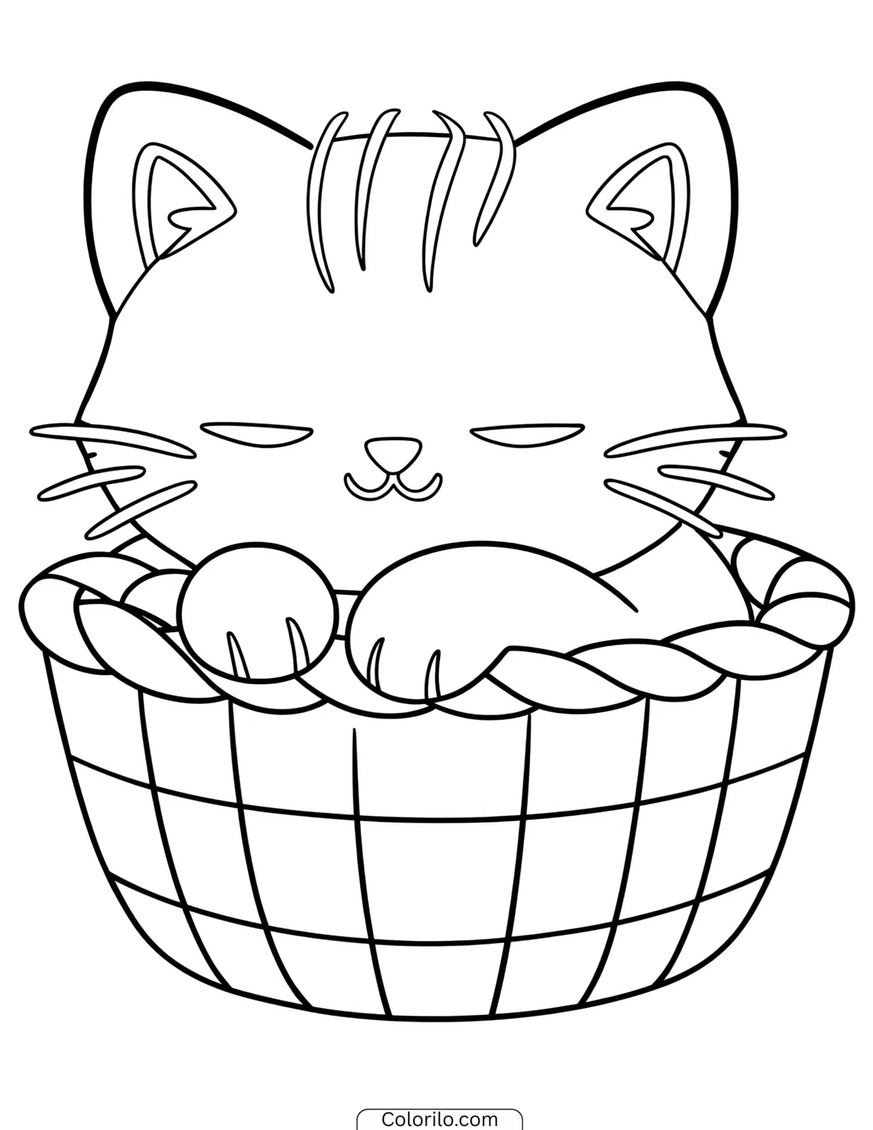 Kitten sleeping curled up in a basket coloring page