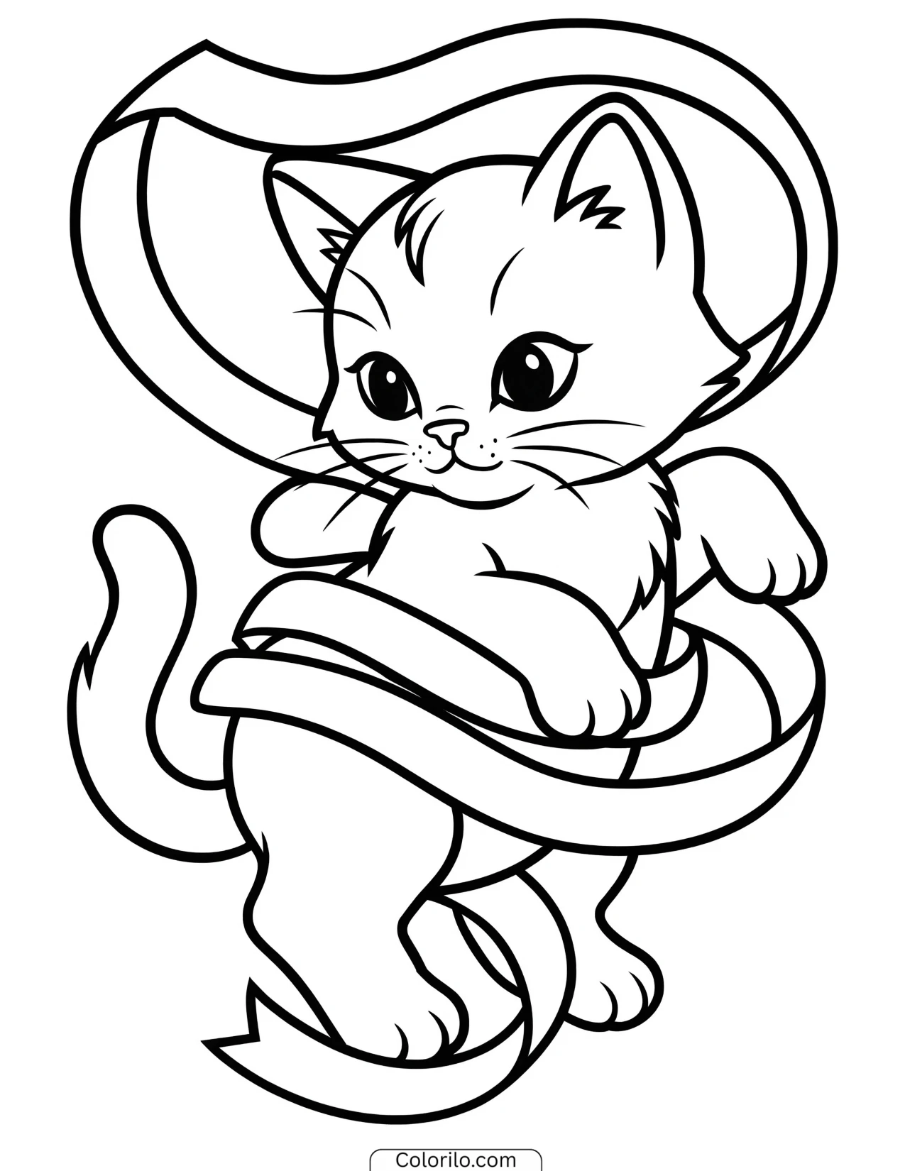 Kitten caught up in a length of ribbon coloring page