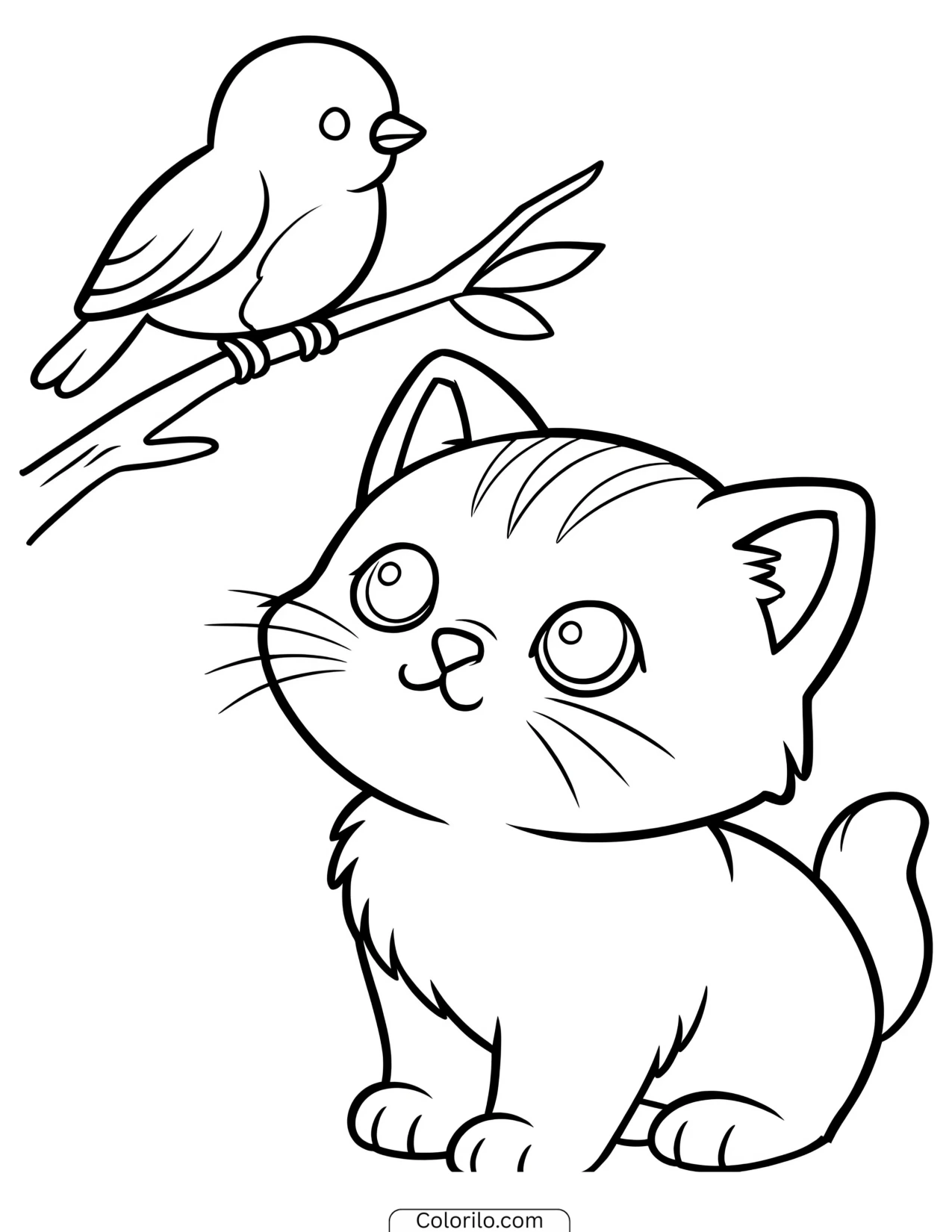 Kitten watching a bird perched on a branch coloring page