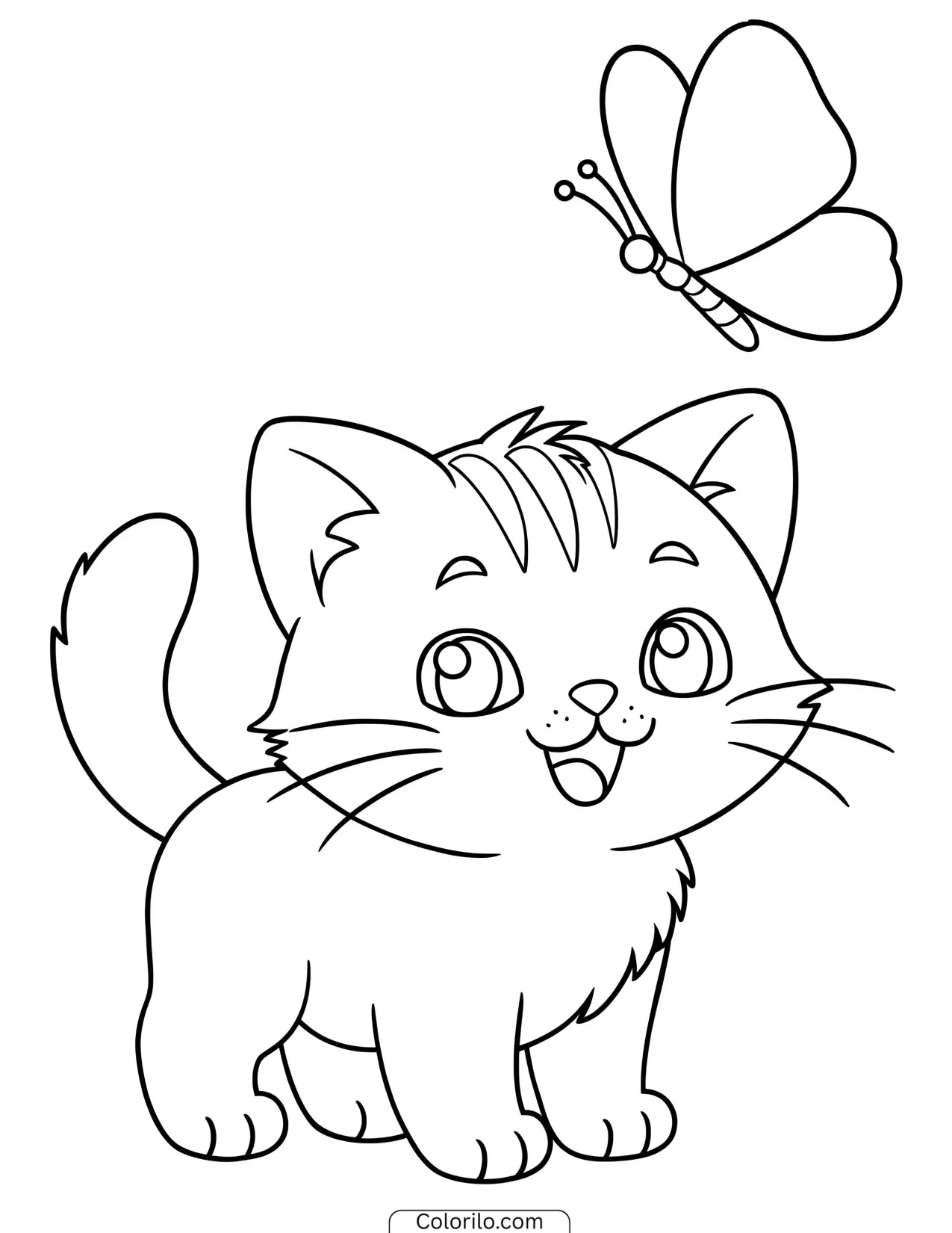 Kitten watching a butterfly flutter past coloring page