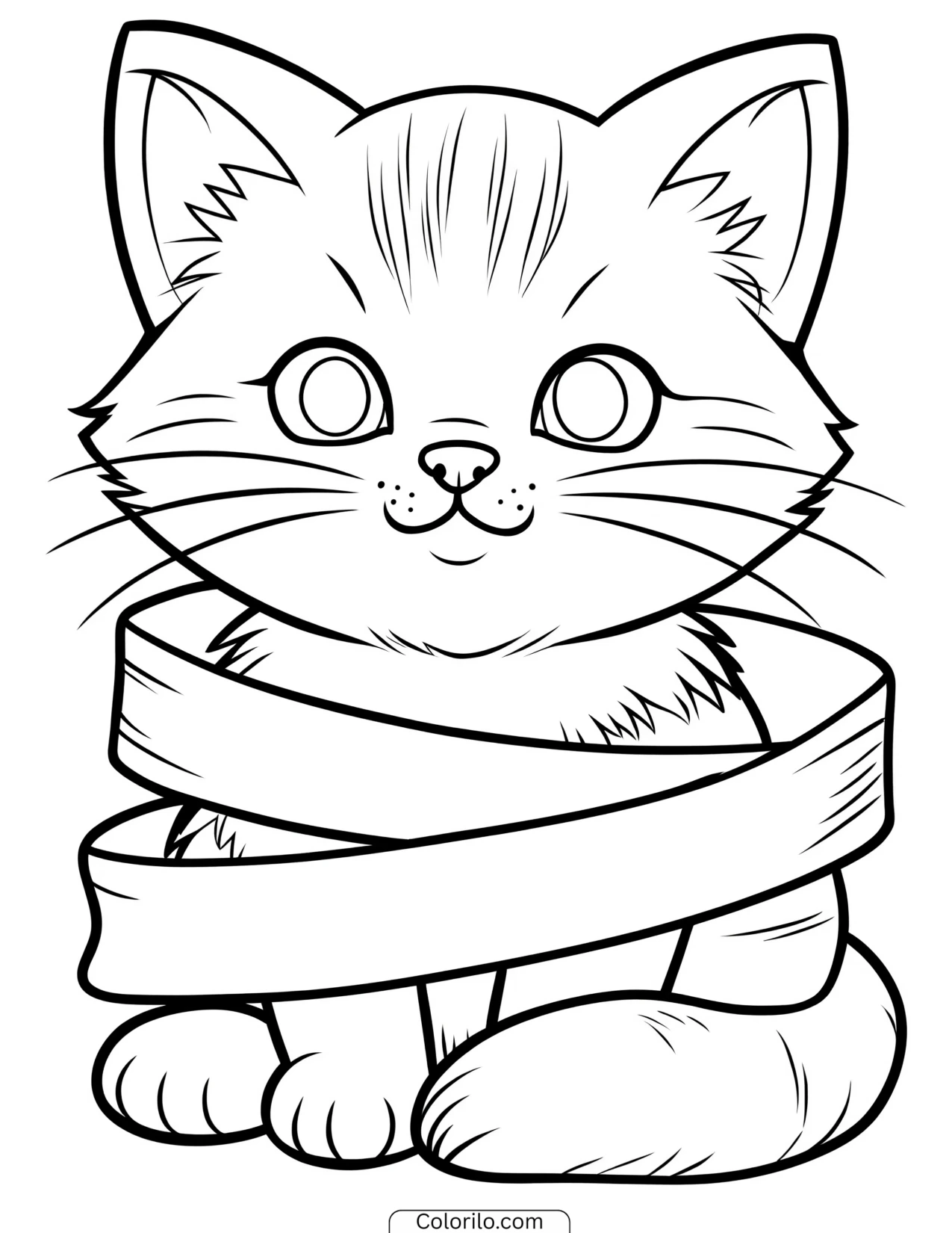 Kitten wrapped in a decorative banner coloring page