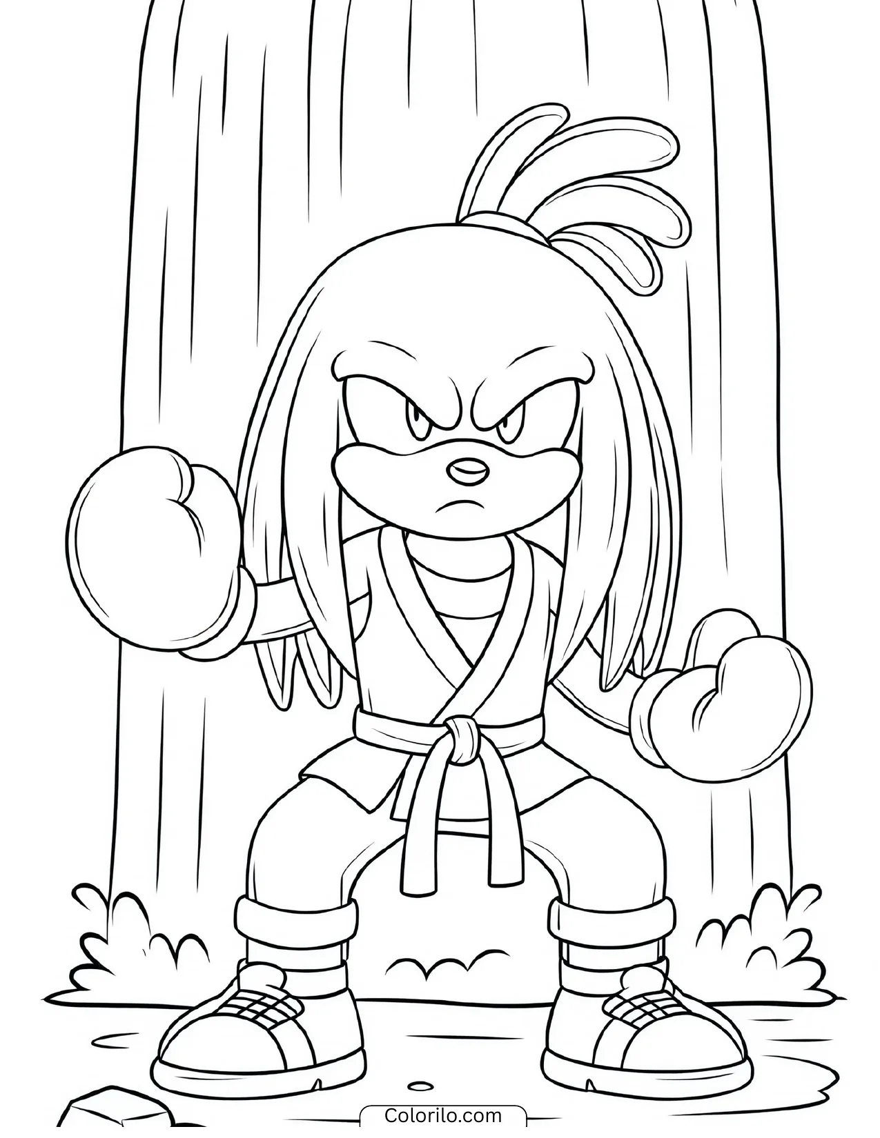 Knuckles the Echidna in a karate stance beside a waterfall coloring page