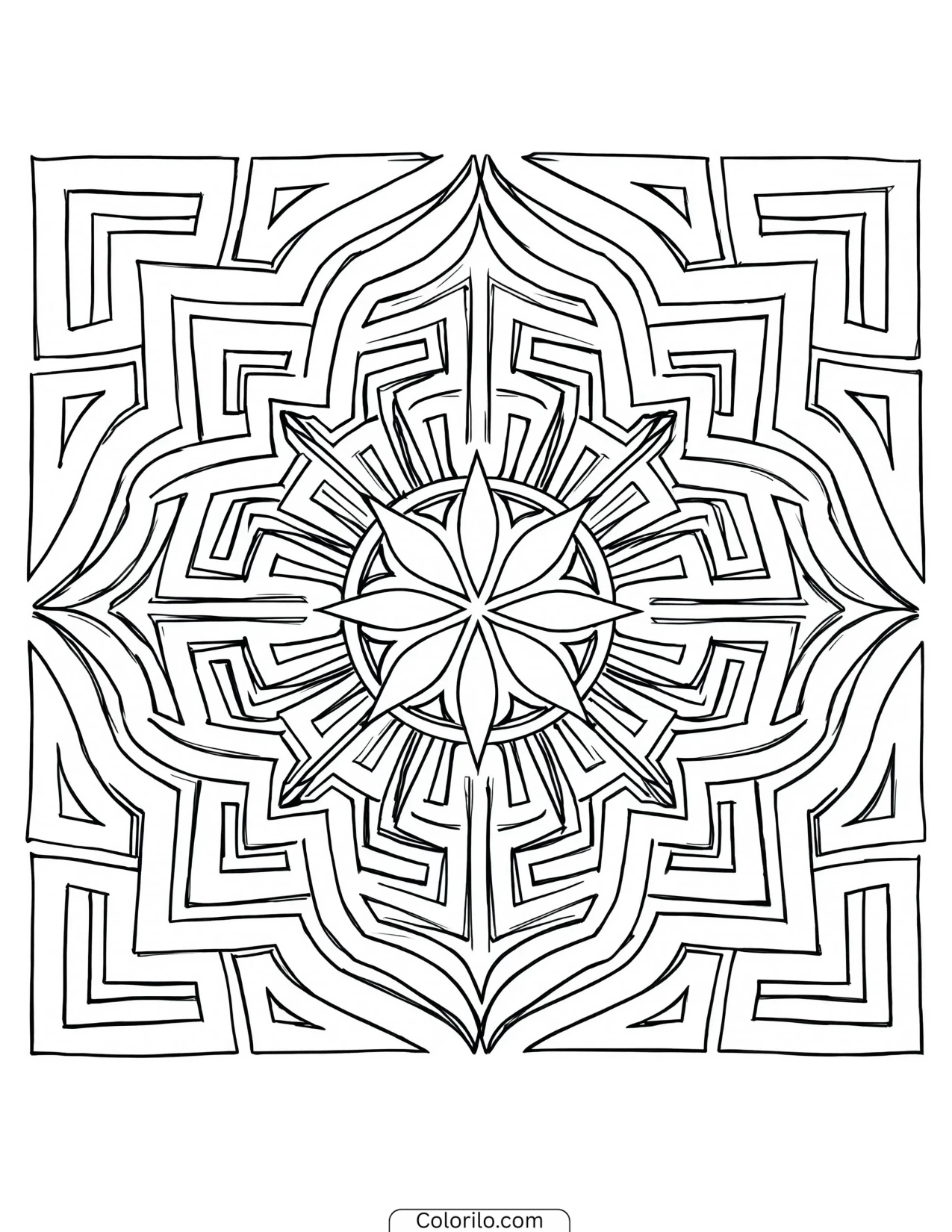 Square mandala with a labyrinth star pattern coloring page