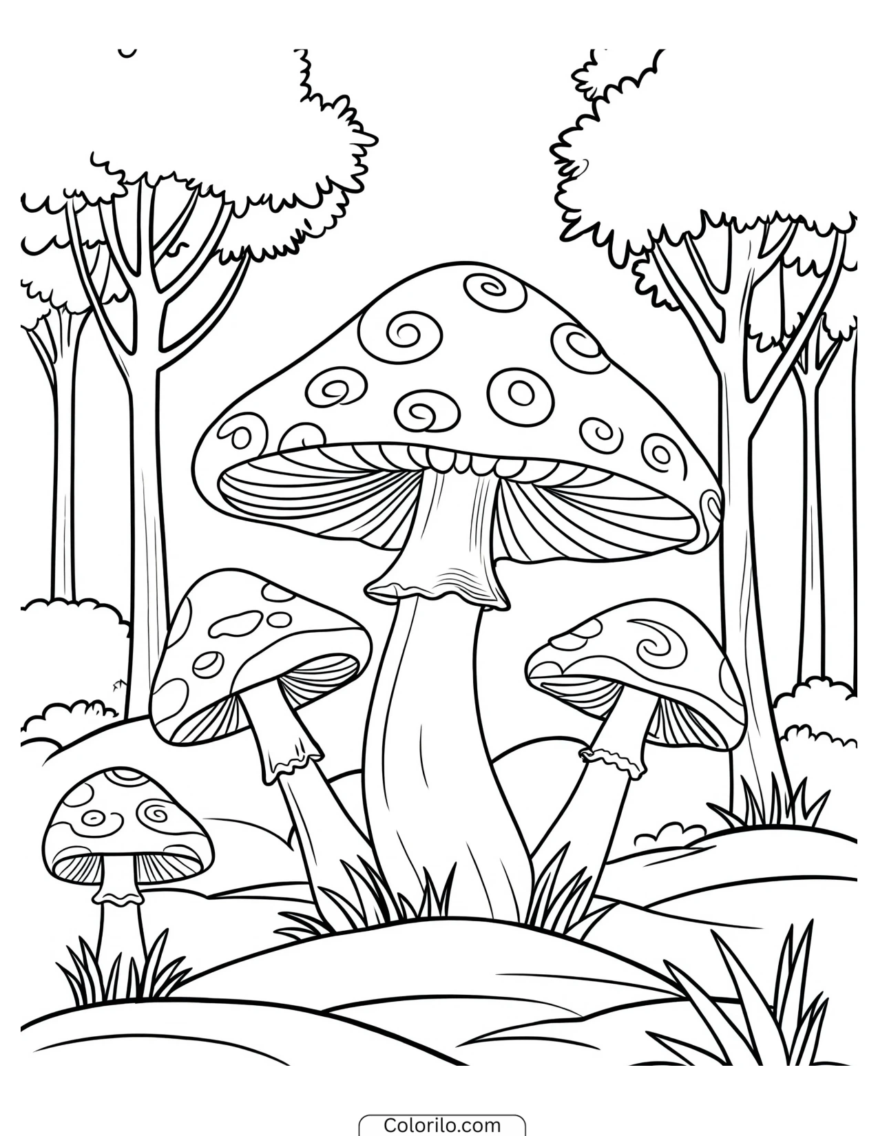 Large mushrooms standing on the forest floor coloring page