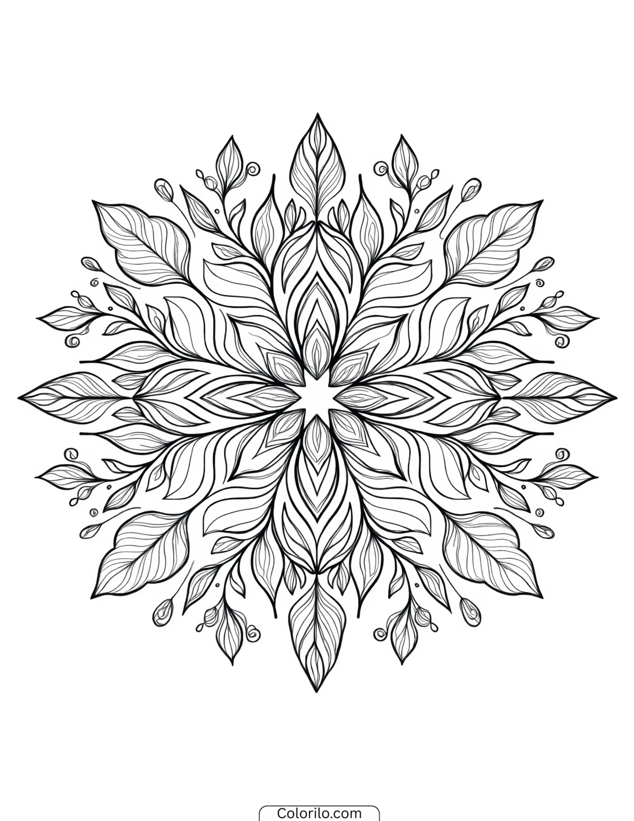 Snowflake mandala made from leafy sprigs coloring page