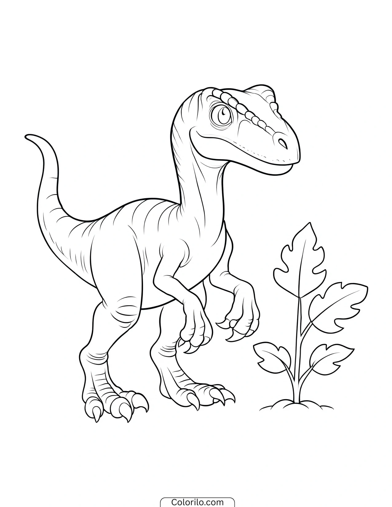 Little raptor standing beside a plant coloring page